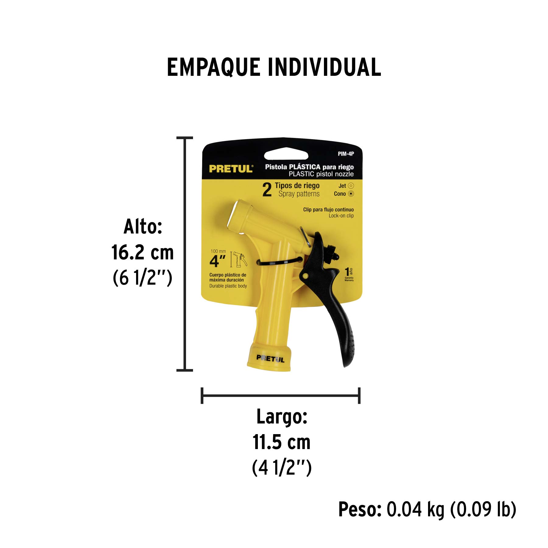 Pistola plástica para riego de 4", 2 funciones, PRETUL - Empaque