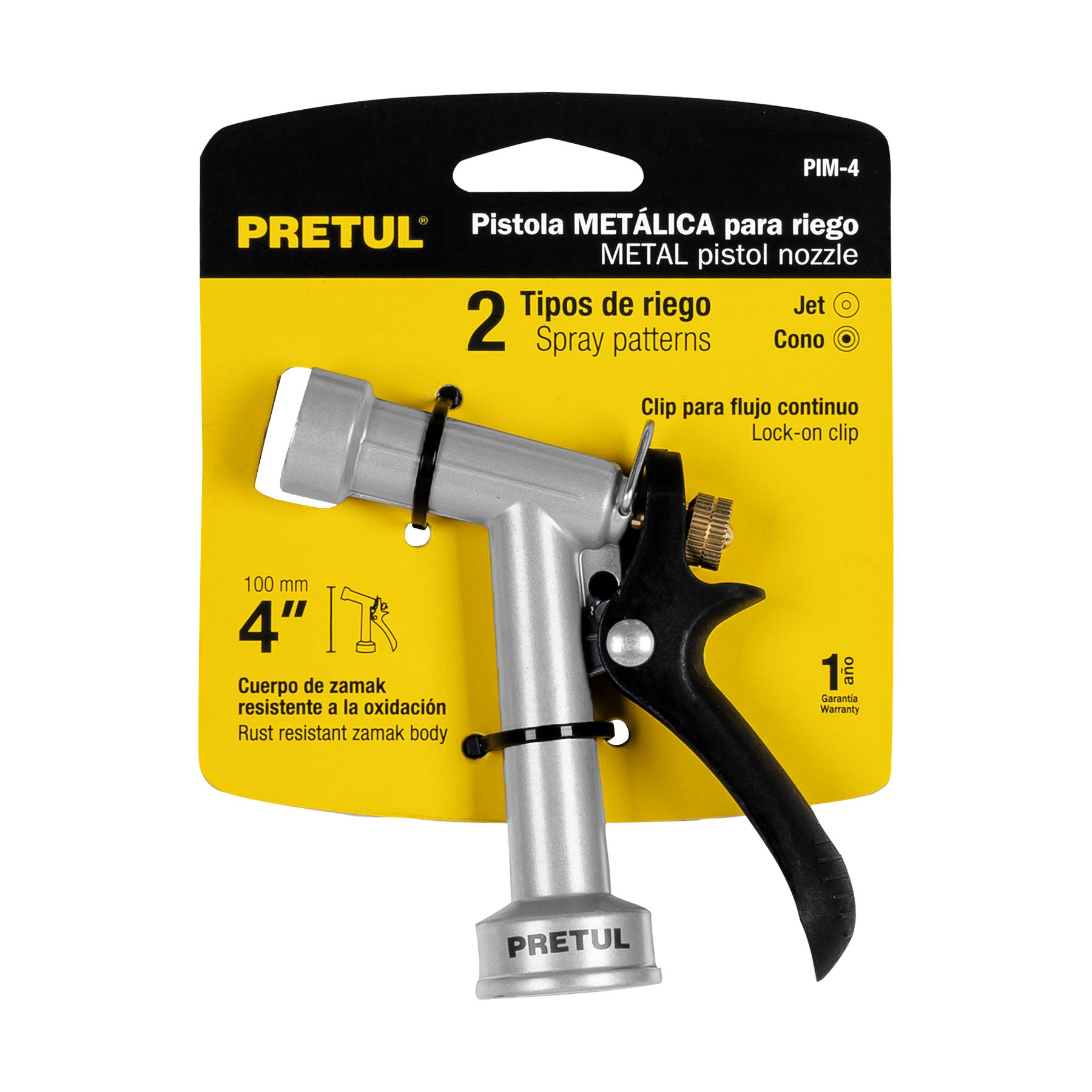 Pistola metálica para riego de 4", 2 funciones, PRETUL