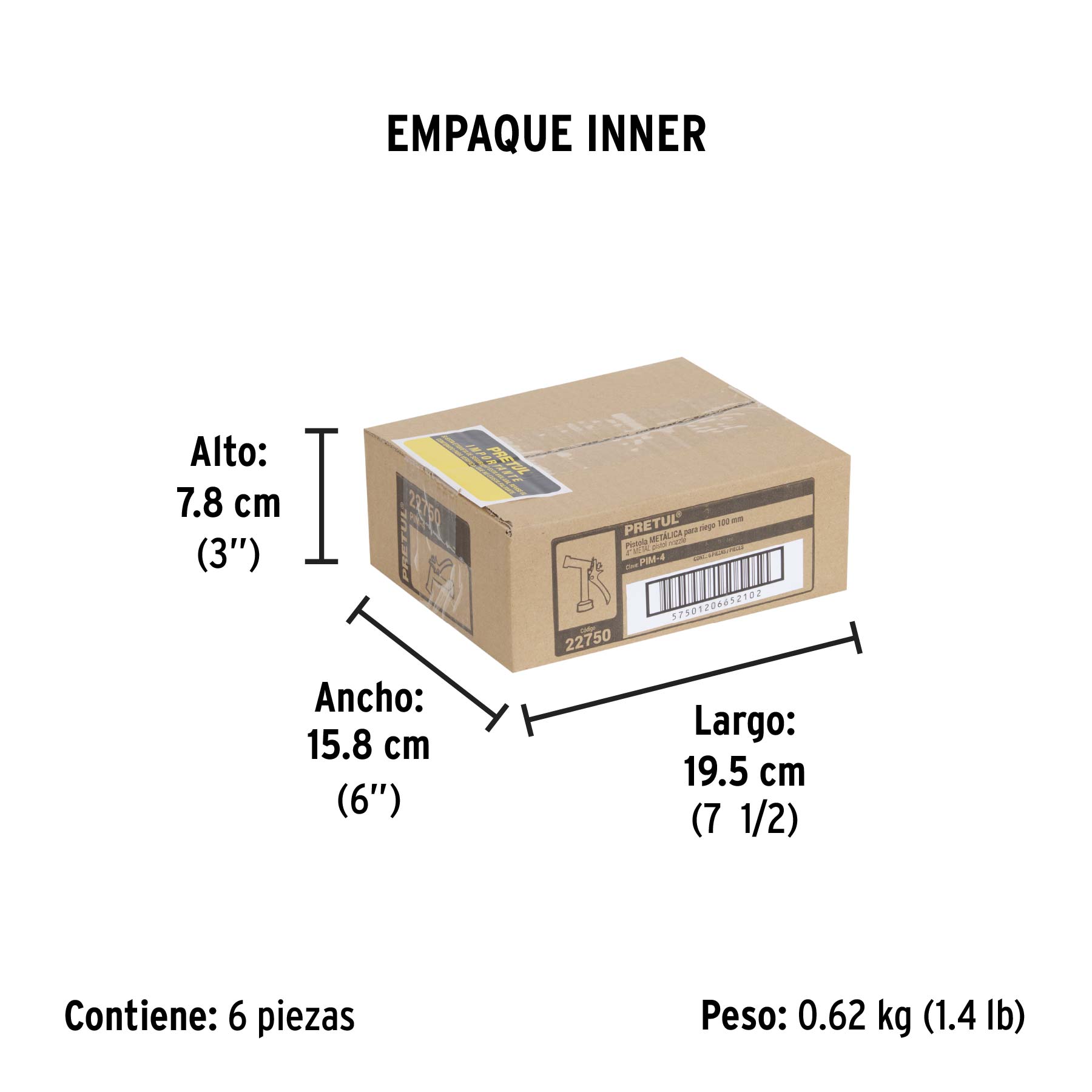 Pistola metálica para riego de 4", 2 funciones, PRETUL - Empaque