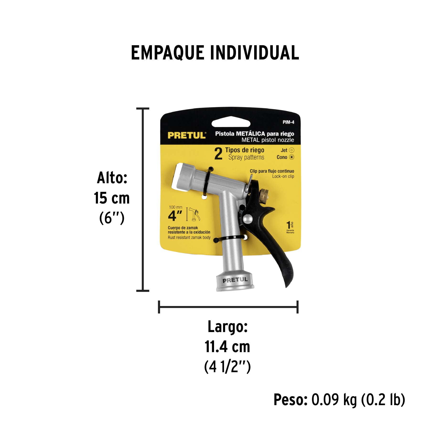 Pistola metálica para riego de 4", 2 funciones, PRETUL - Empaque