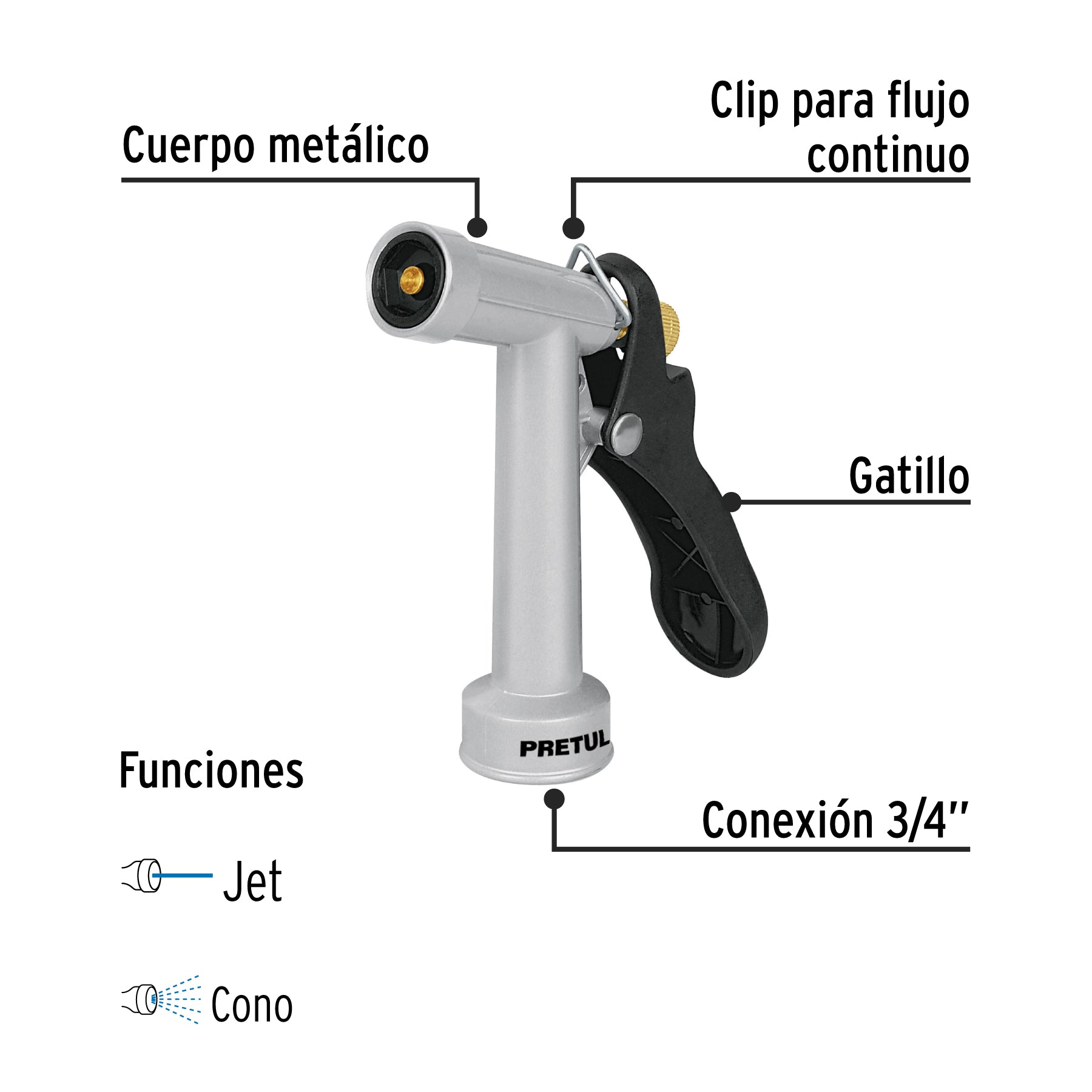 Pistola metálica para riego de 4", 2 funciones, PRETUL