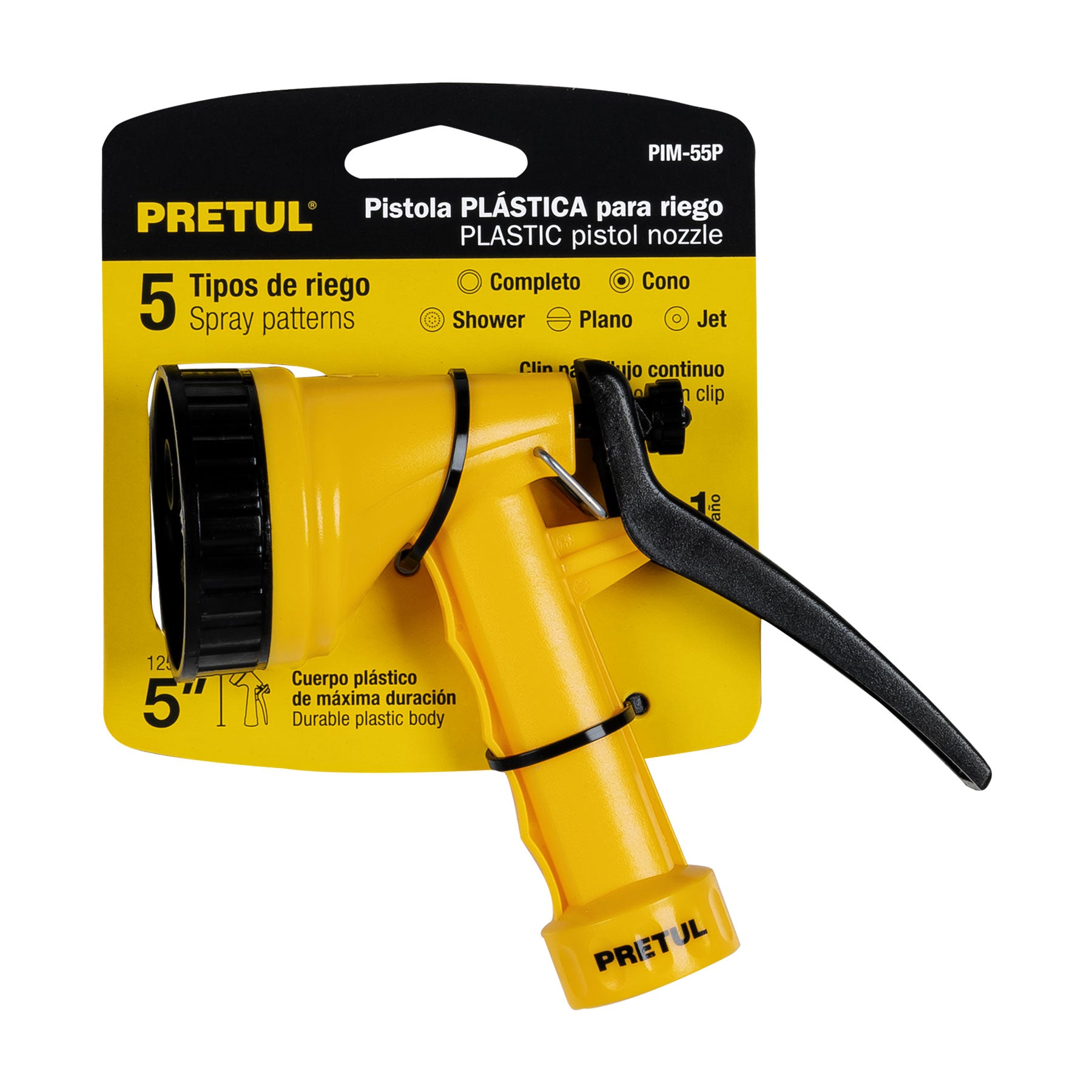 Pistola plástica para riego de 5", 5 funciones, PRETUL