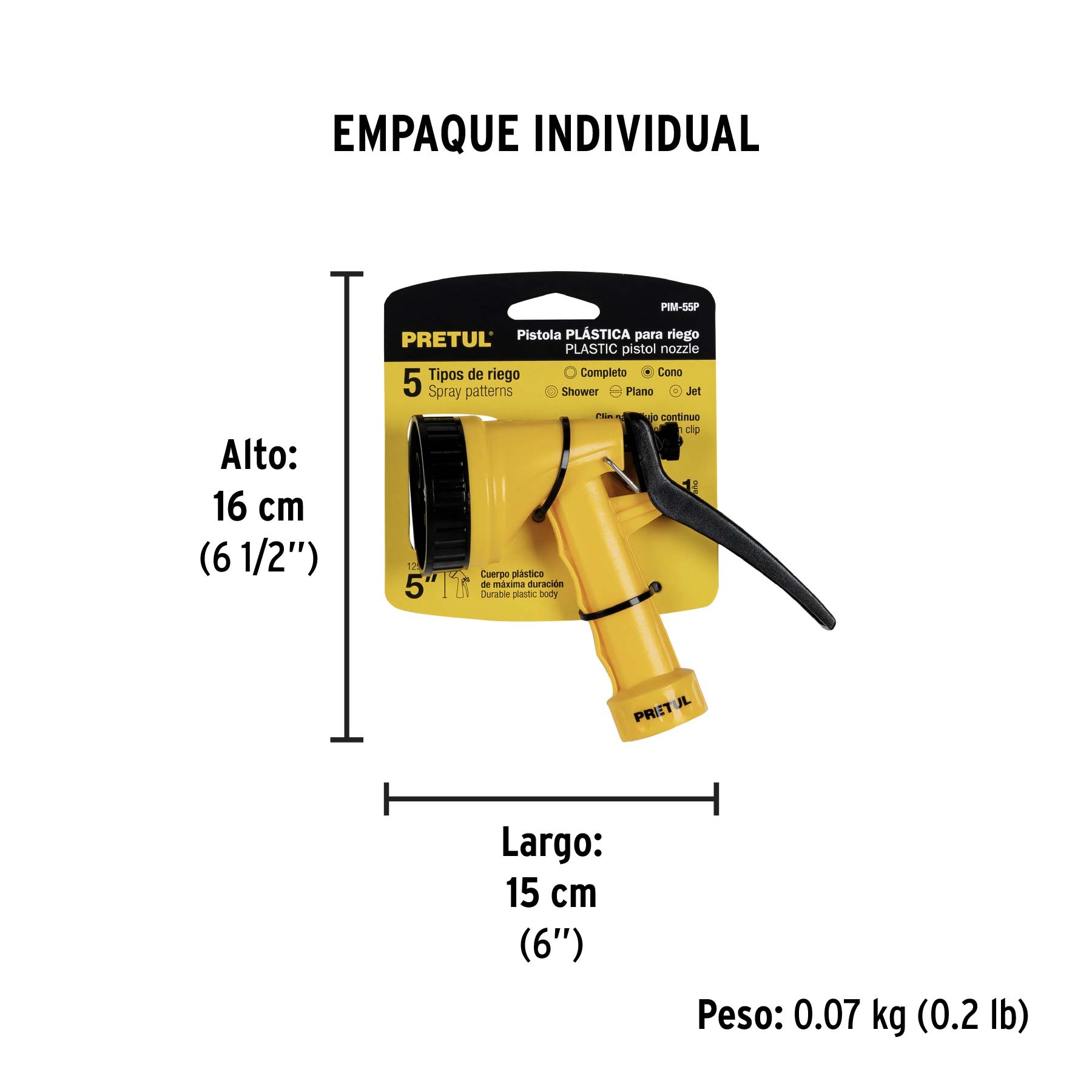 Pistola plástica para riego de 5", 5 funciones, PRETUL - Empaque