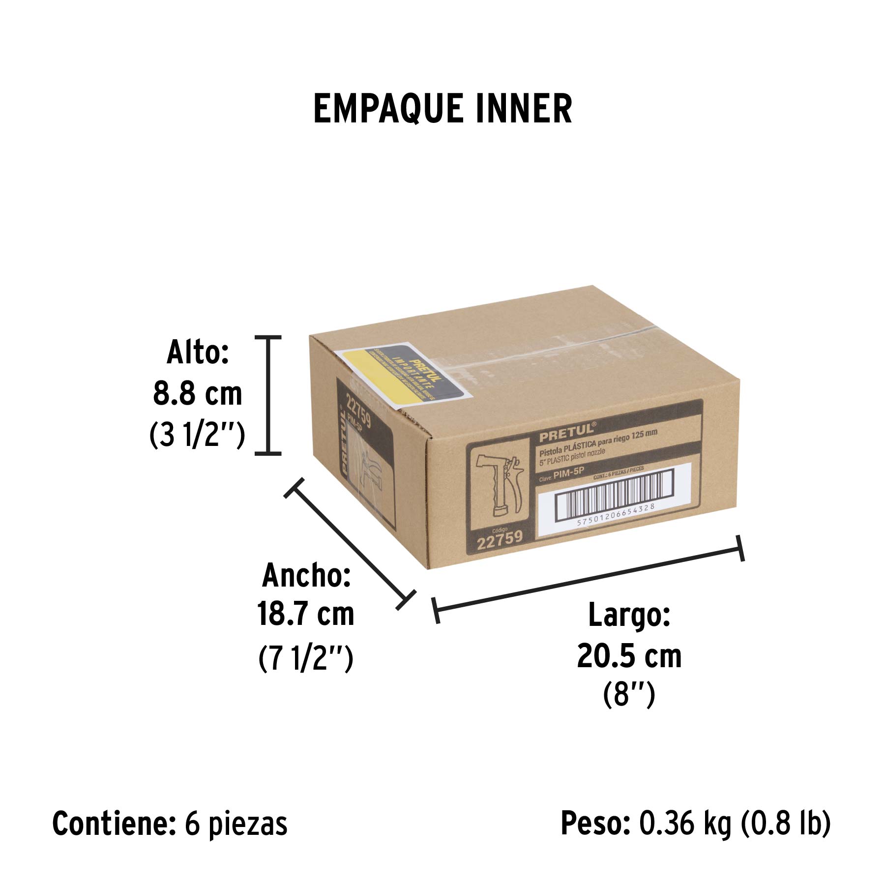 Pistola plástica para riego de 5", 2 funciones, PRETUL - Empaque