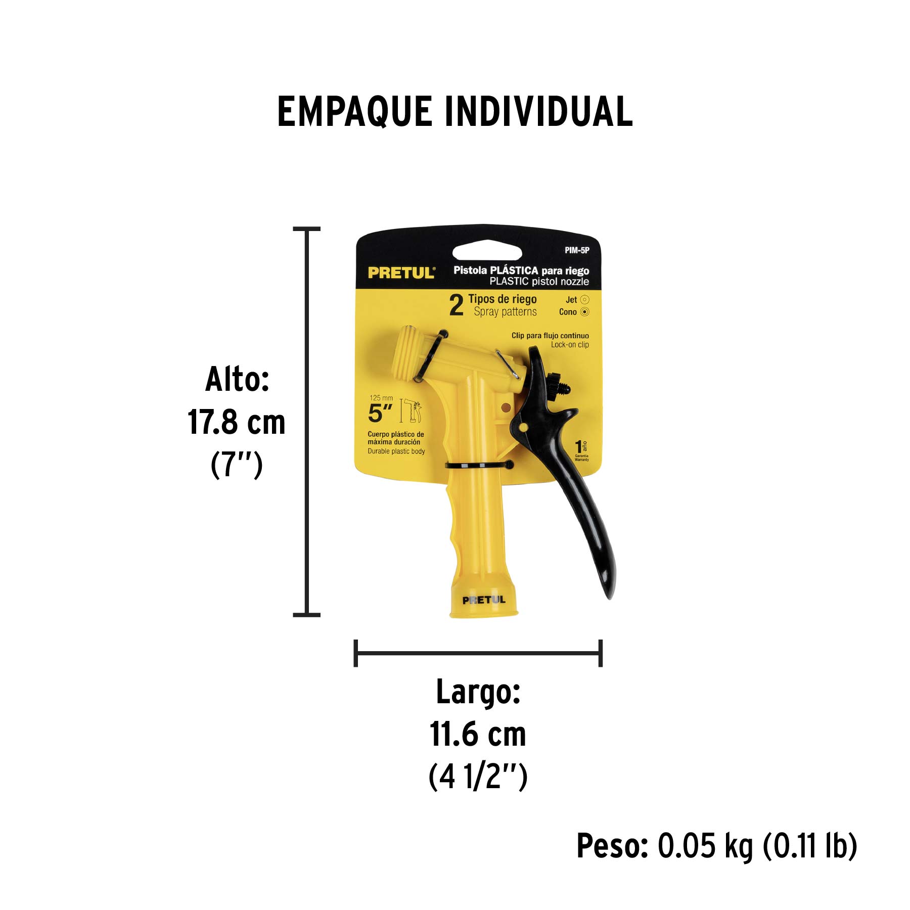 Pistola plástica para riego de 5", 2 funciones, PRETUL - Empaque