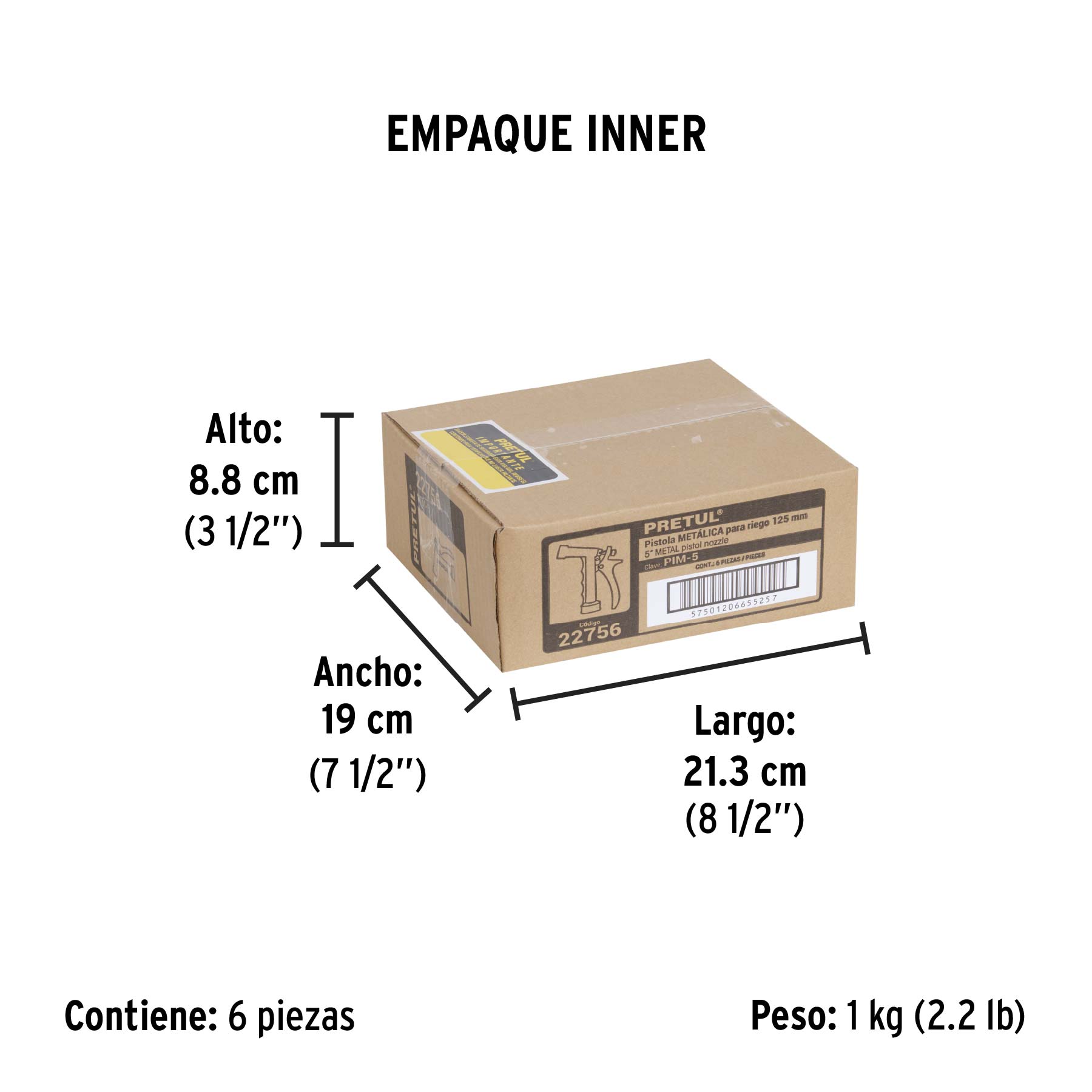 Pistola metálica para riego de 5", 2 funciones, PRETUL - Empaque