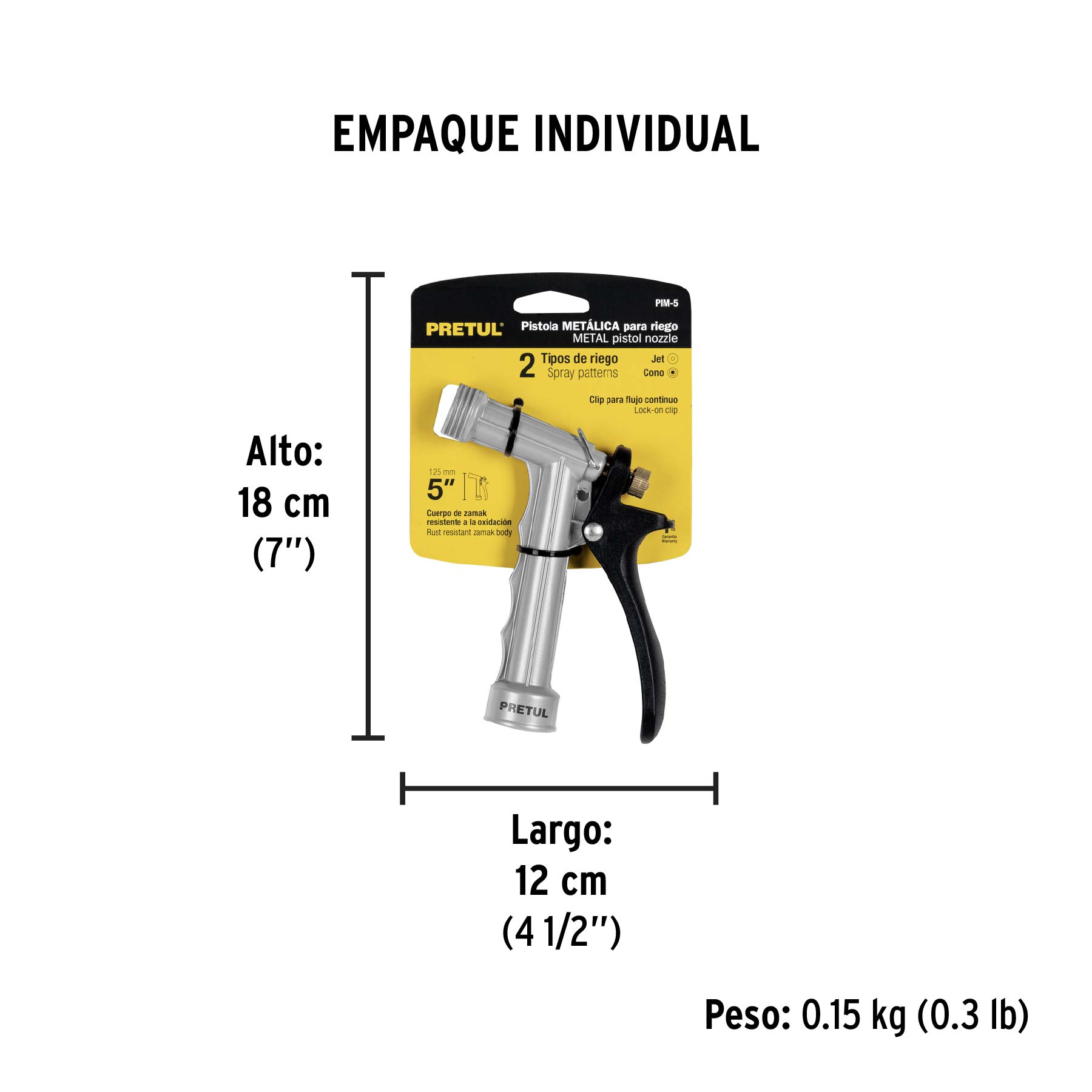 Pistola metálica para riego de 5", 2 funciones, PRETUL - Empaque