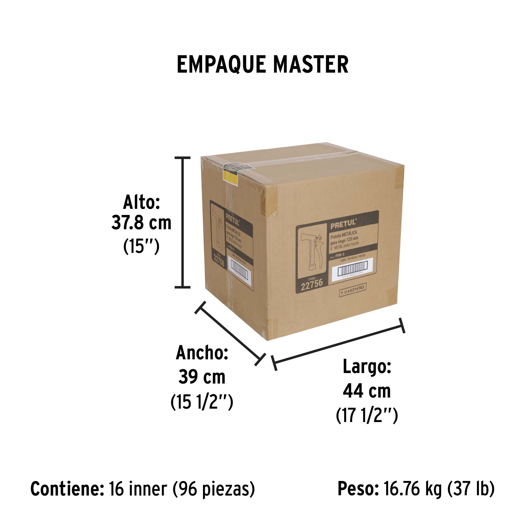 Pistola metálica para riego de 5", 2 funciones, PRETUL - Empaque