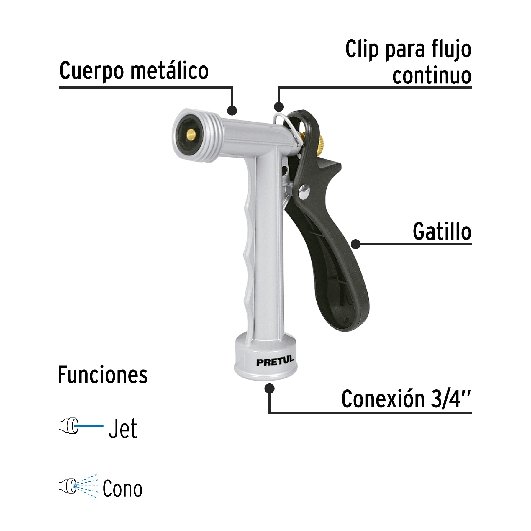 Pistola metálica para riego de 5", 2 funciones, PRETUL