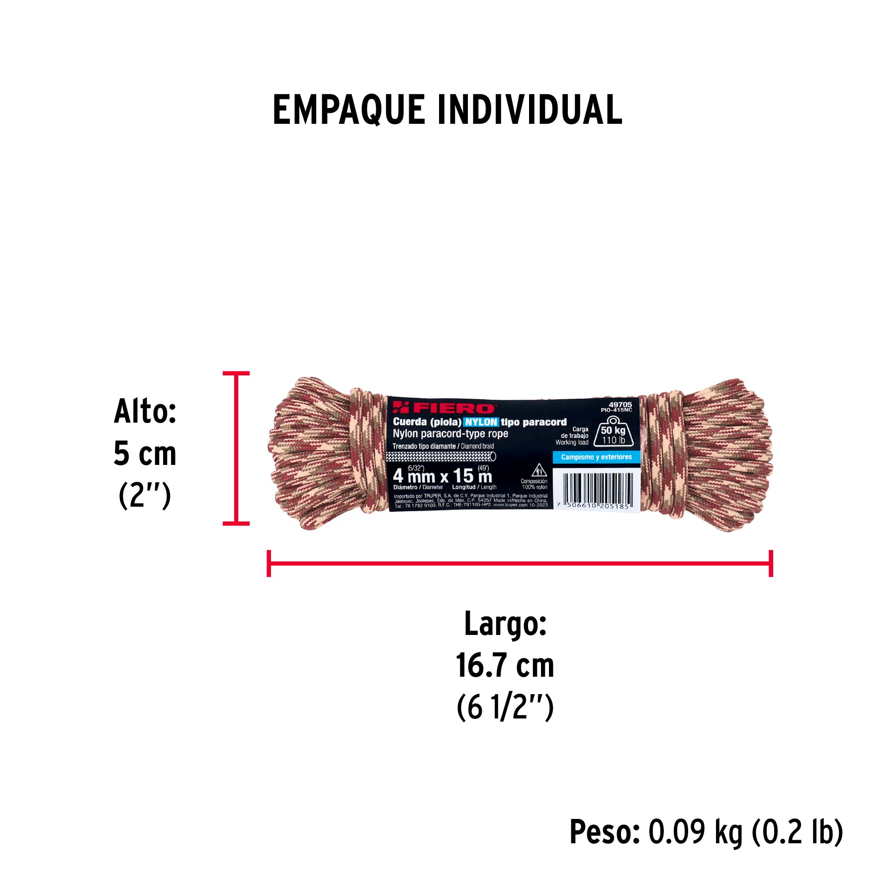 Piola de nylon paracord de 4mm x 15m camo, madeja, FIERO - Empaque