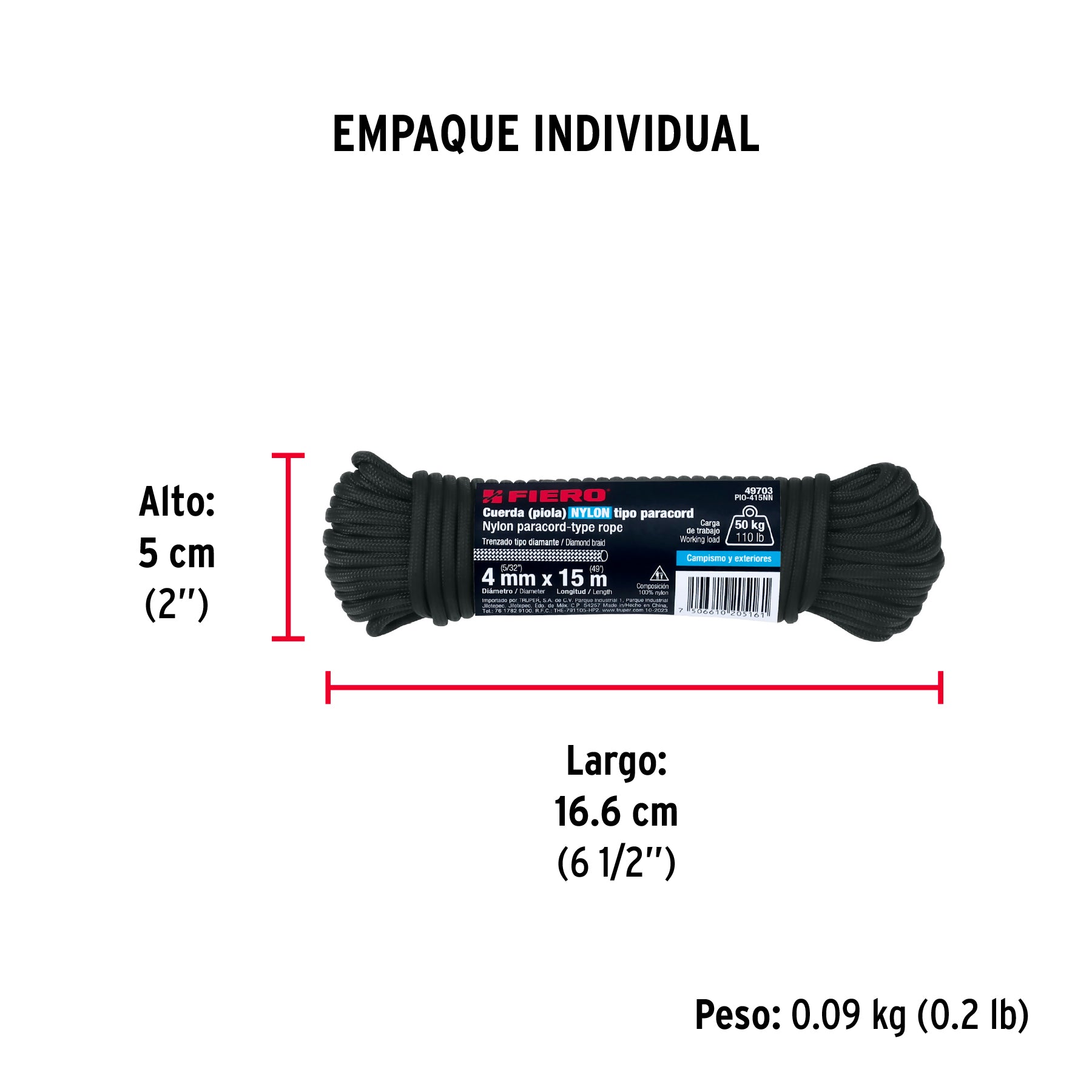 Piola de nylon paracord de 4mm x 15m negro, madeja, FIERO - Empaque