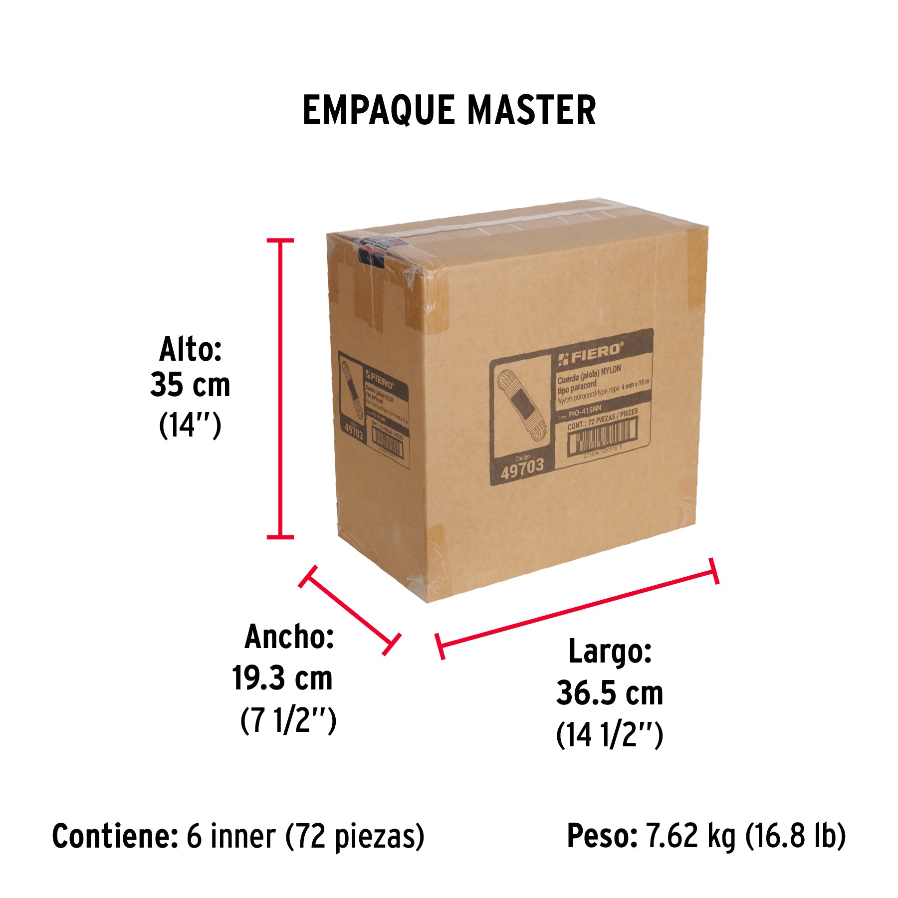 Piola de nylon paracord de 4mm x 15m negro, madeja, FIERO - Empaque