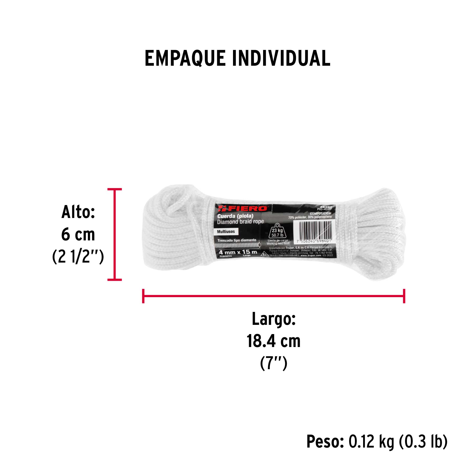Piola de poliéster diamante de 4mmx15m blanca, madeja, FIERO - Empaque