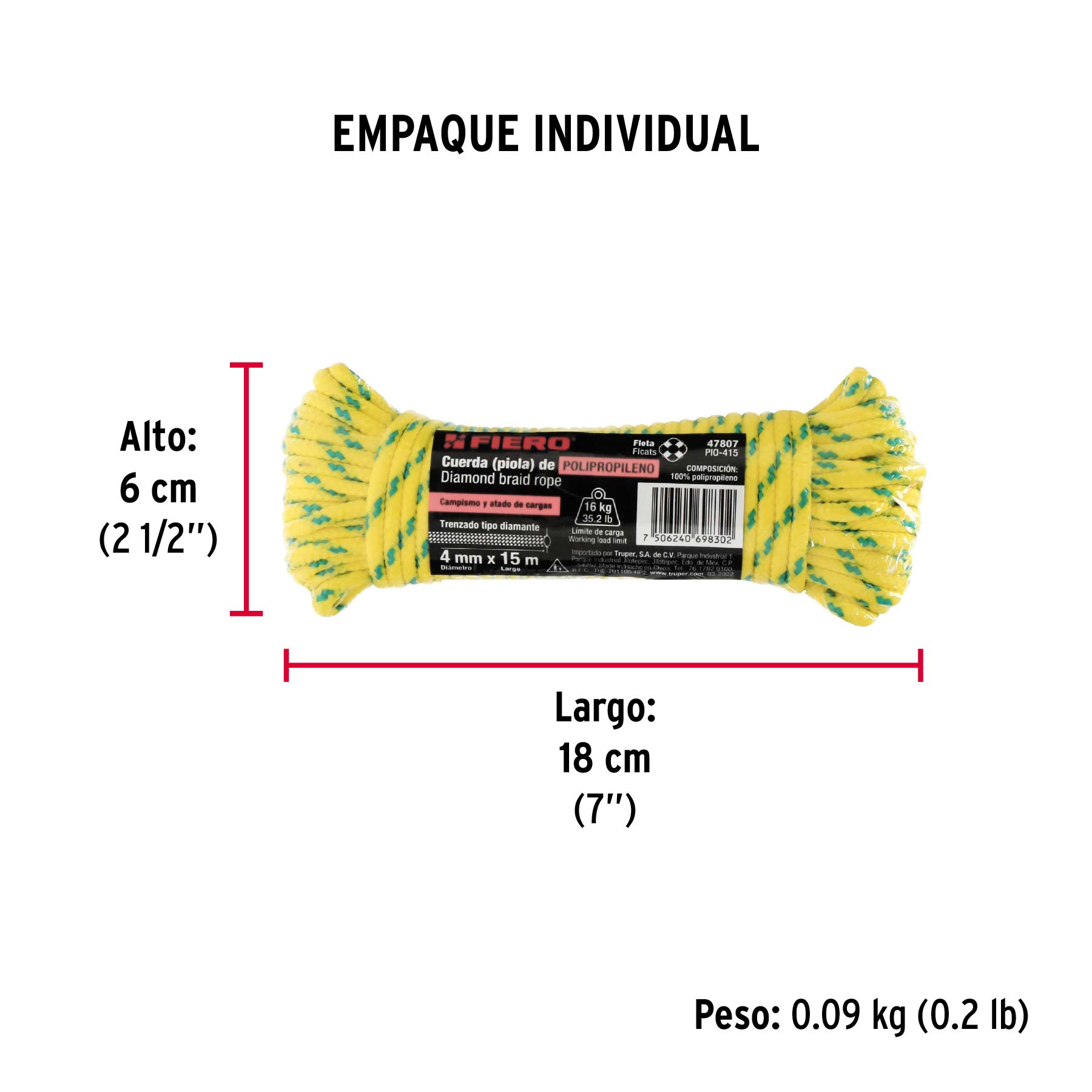 Piola de polipropileno trenzada de 4mm x 15m en madeja - Empaque