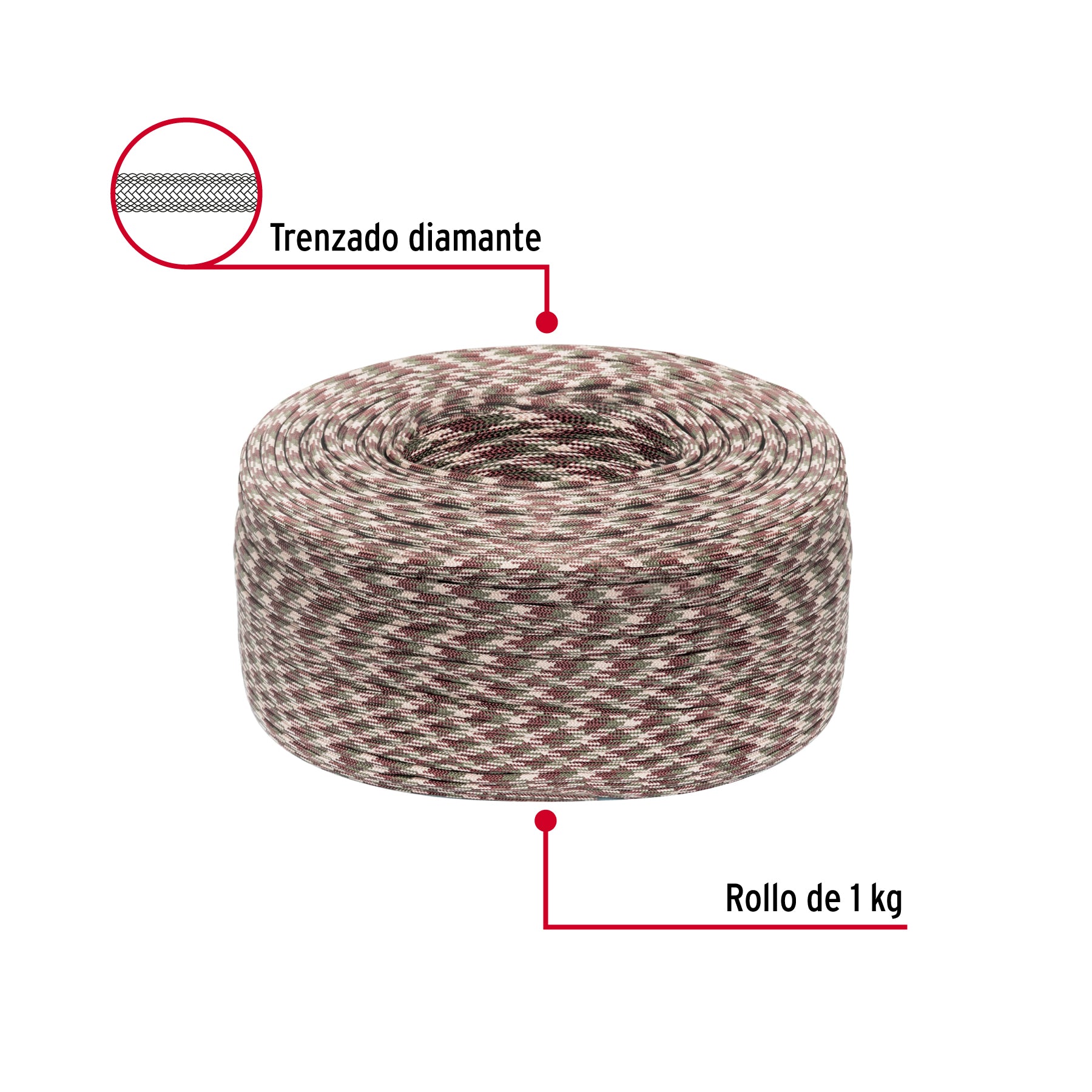 Piola de nylon paracord de 4mm, rollo, camo, 1kg, FIERO