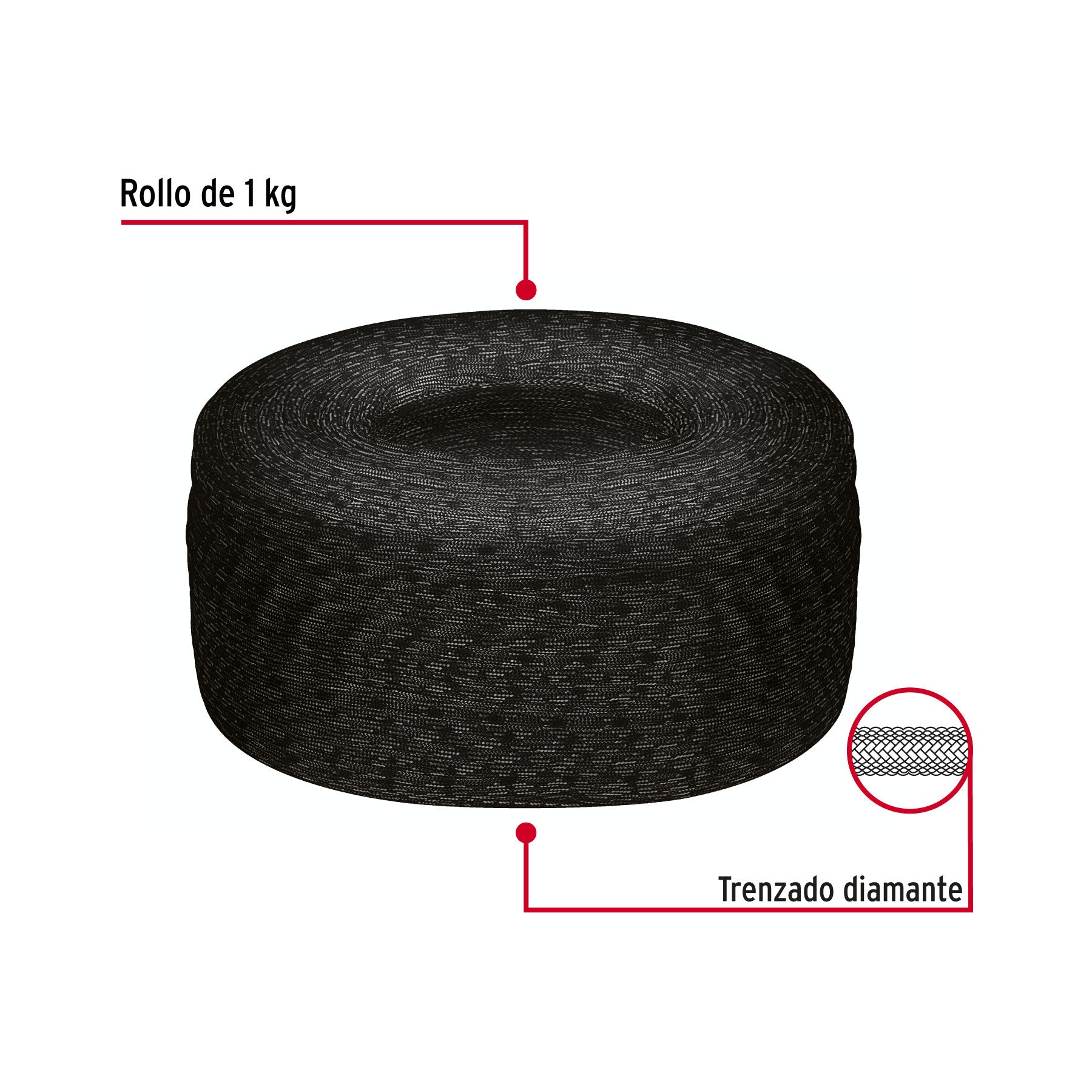 Piola de nylon paracord de 4mm, rollo, negro, 1kg, FIERO