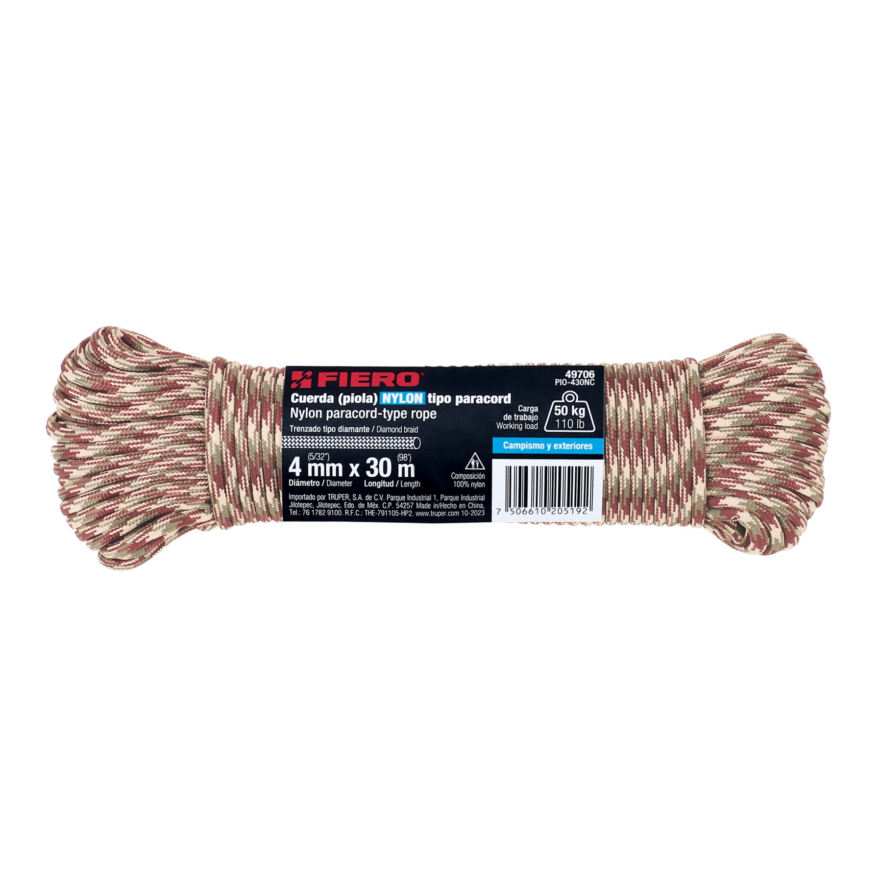 Piola de nylon paracord de 4mm x 30m camo, madeja, FIERO