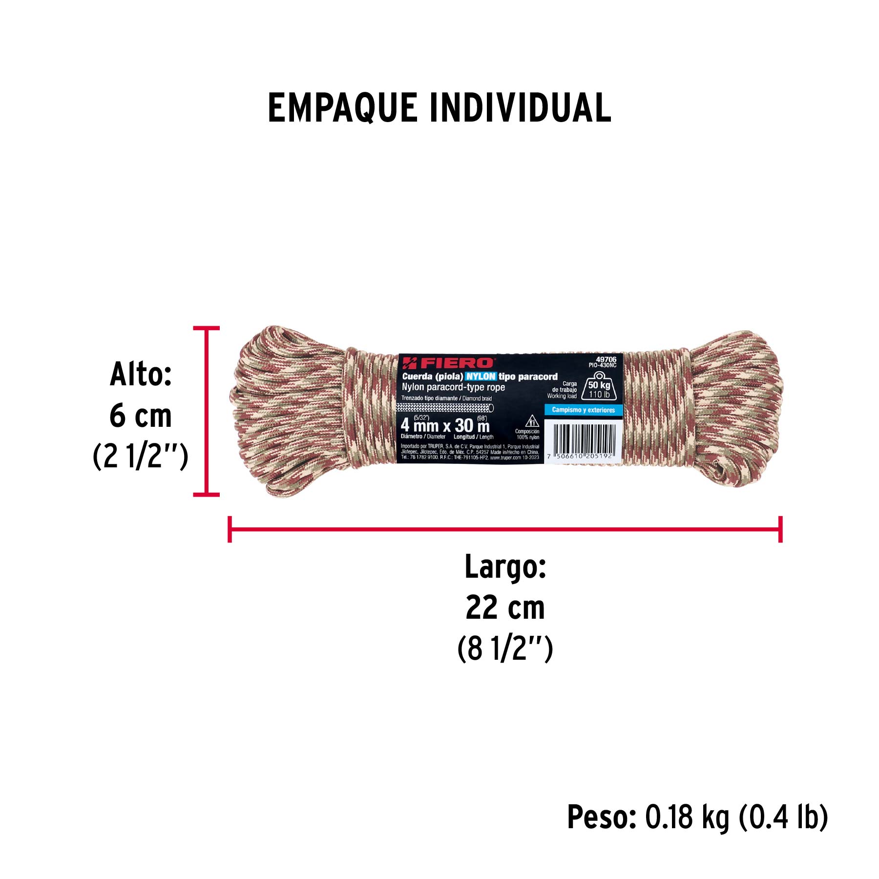 Piola de nylon paracord de 4mm x 30m camo, madeja, FIERO - Empaque