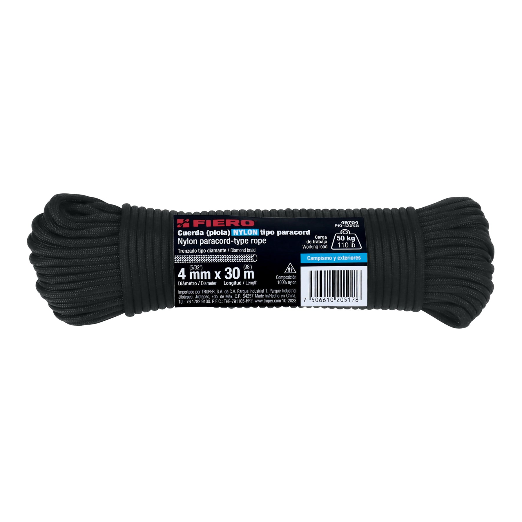 Piola de nylon paracord de 4mm x 30m negro, madeja, FIERO