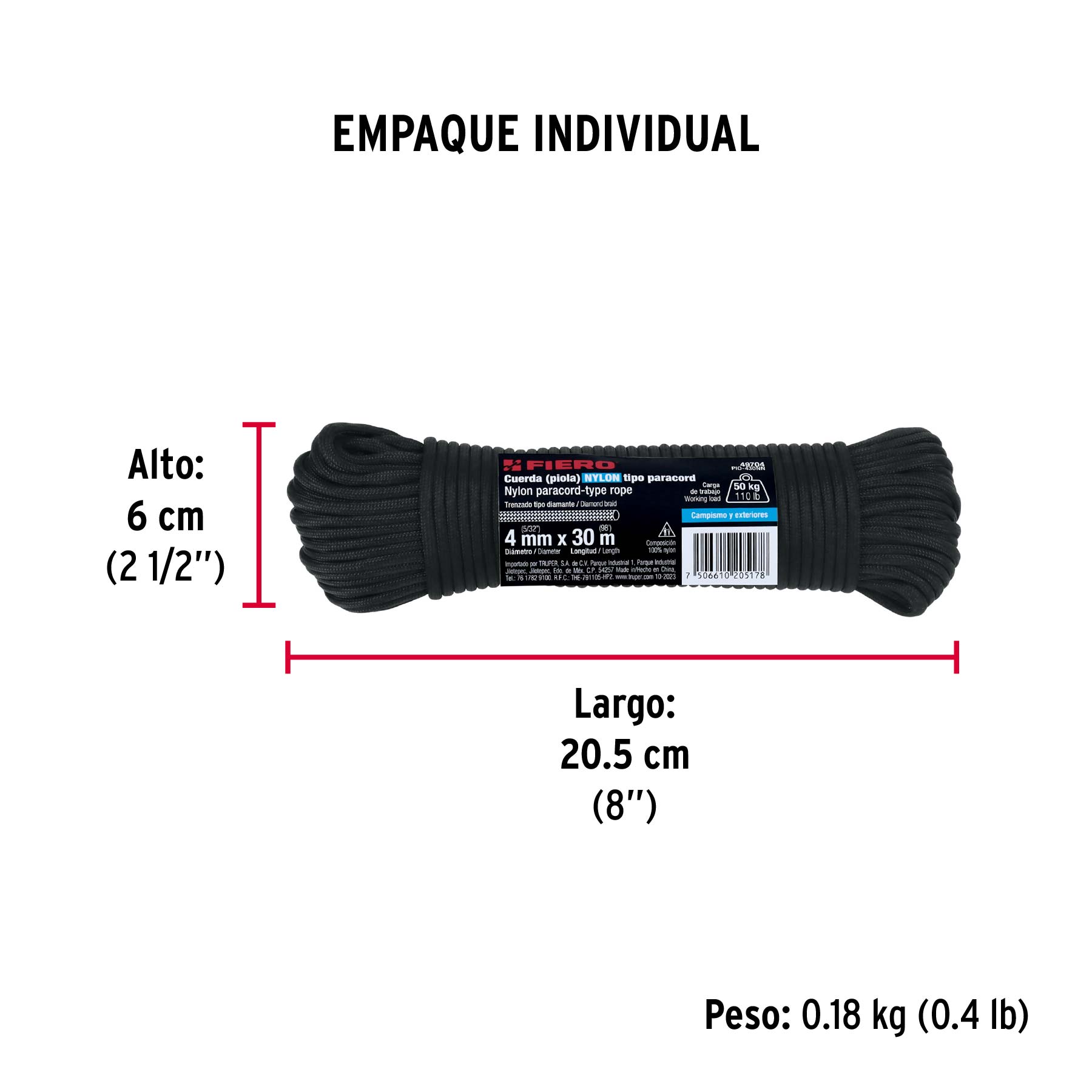 Piola de nylon paracord de 4mm x 30m negro, madeja, FIERO - Empaque
