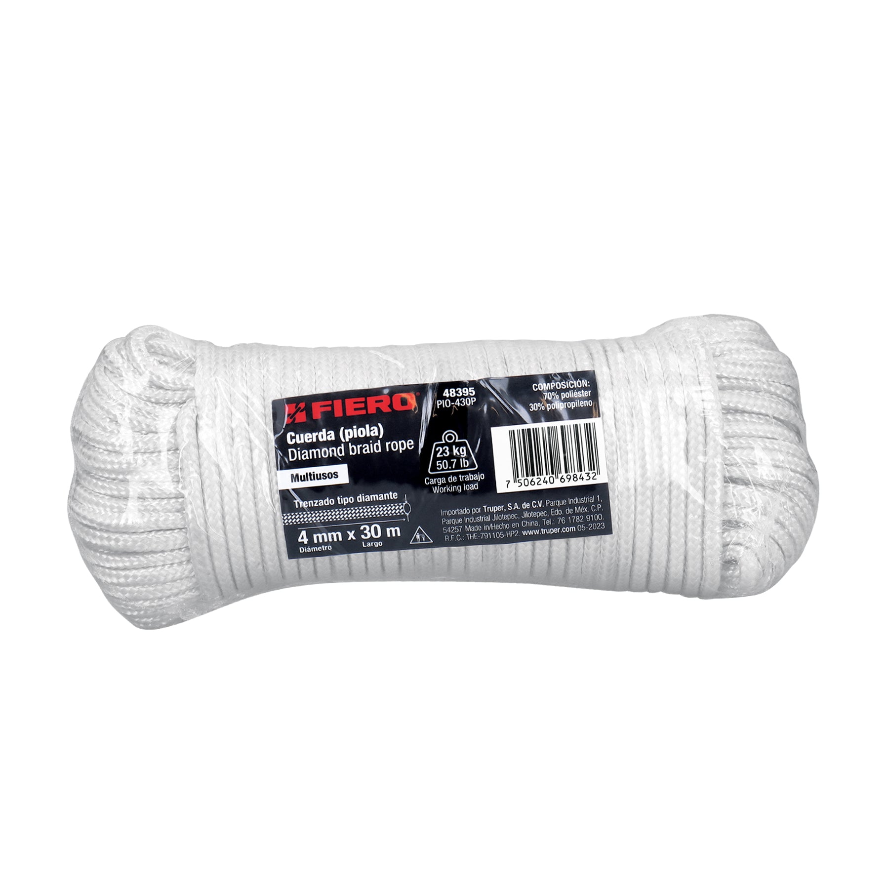 Piola de poliéster diamante de 4mmx30m blanca, madeja, FIERO