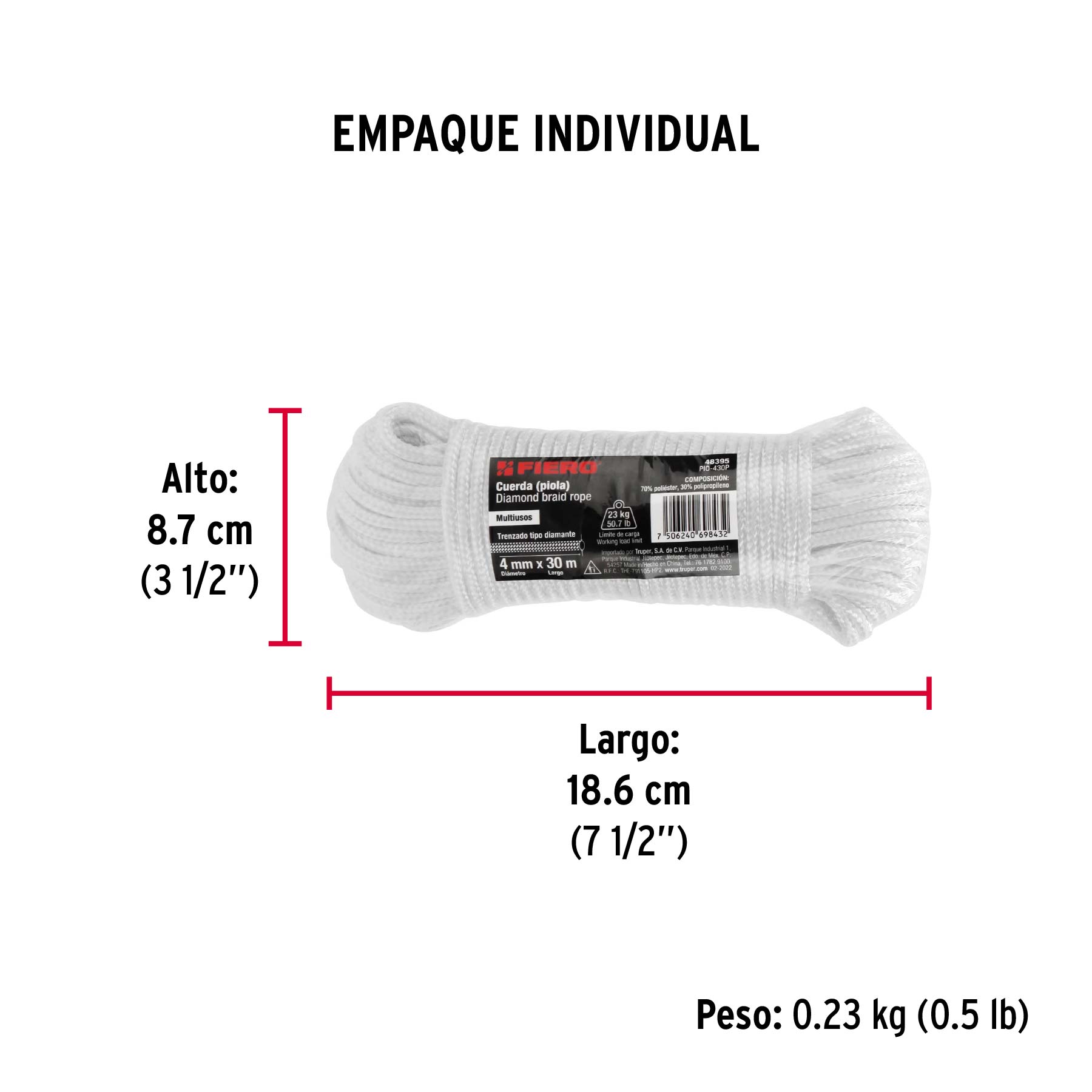 Piola de poliéster diamante de 4mmx30m blanca, madeja, FIERO - Empaque
