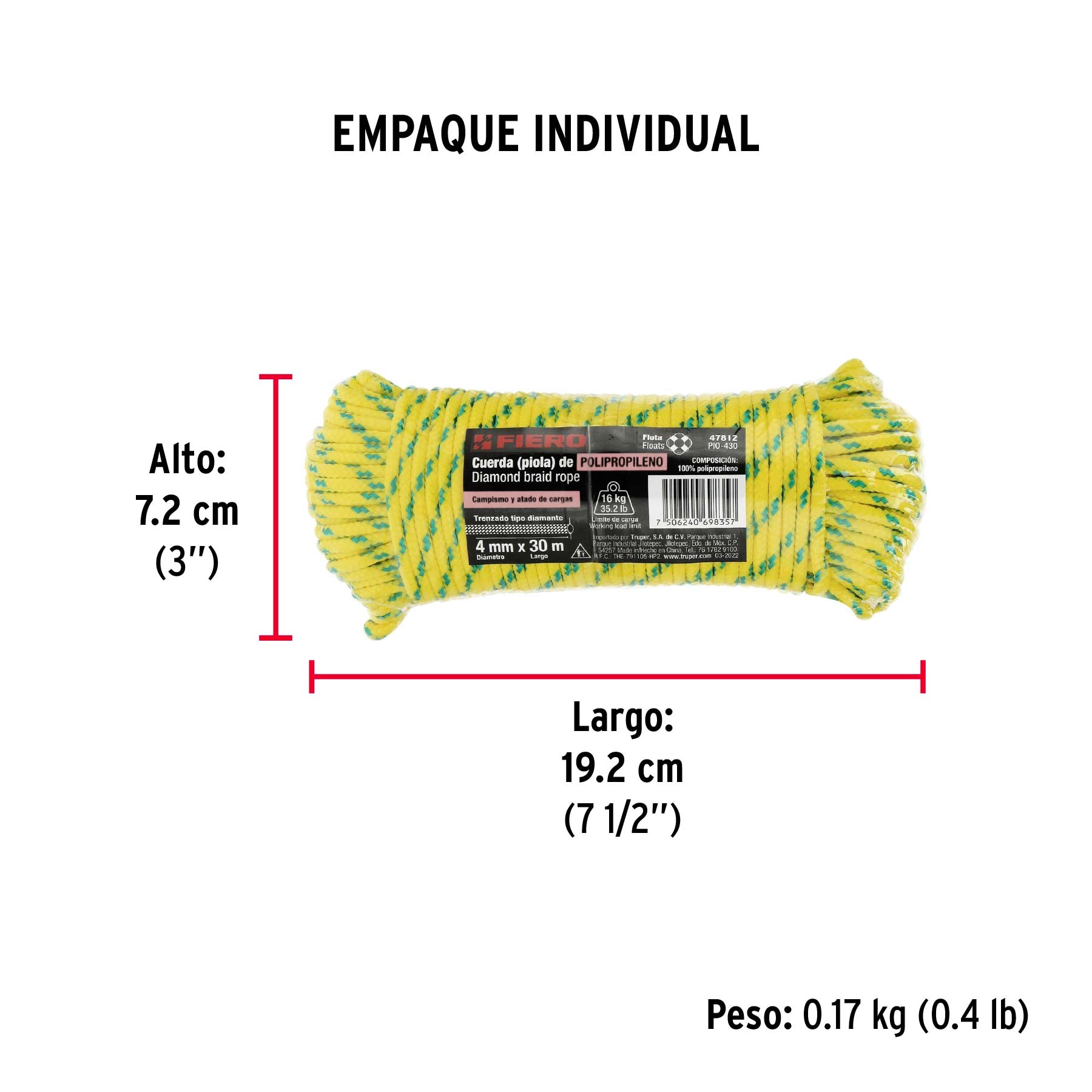 Piola de polipropileno trenzada de 4mm x 30m en madeja - Empaque