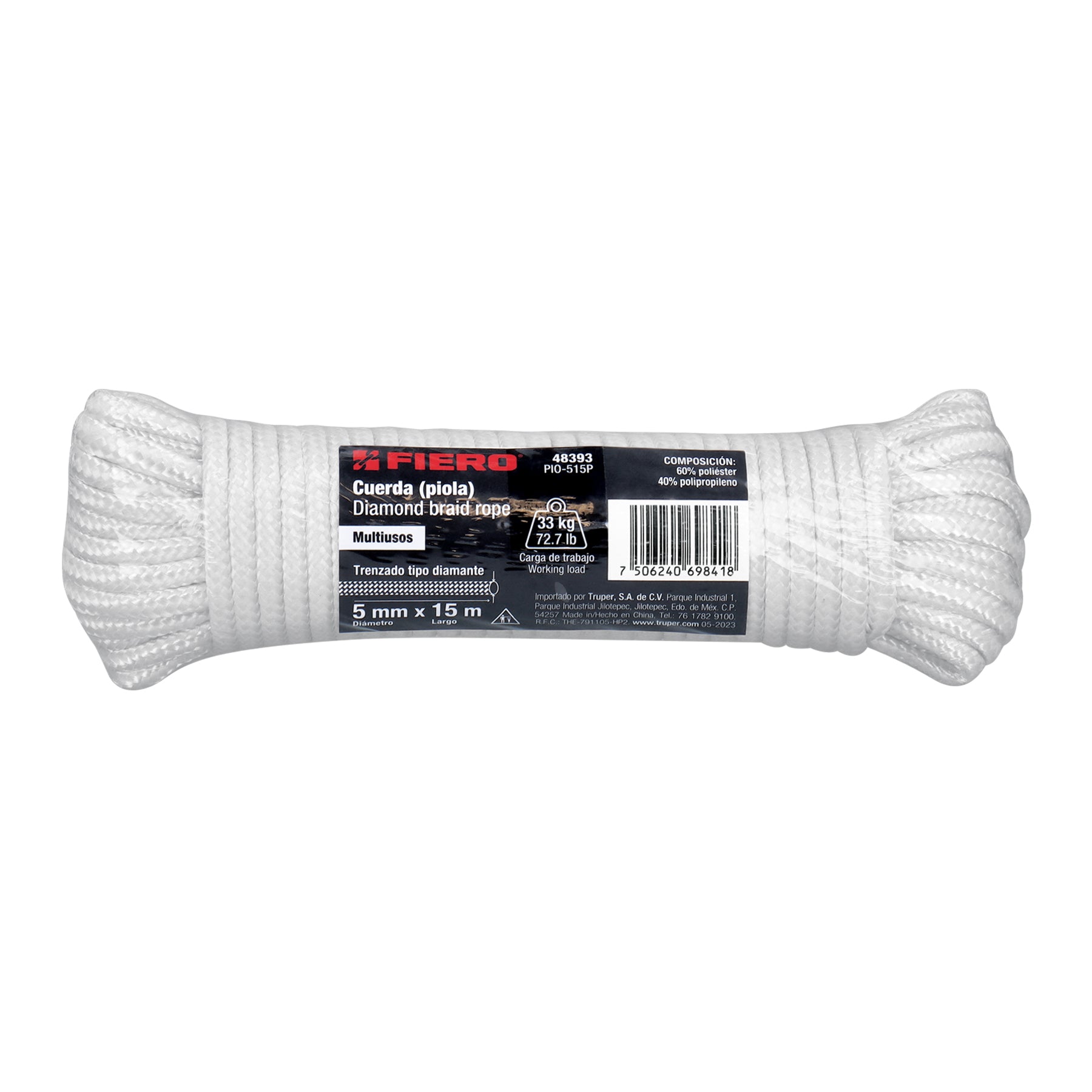Piola de poliéster diamante de 5mmx15m blanca, madeja, FIERO