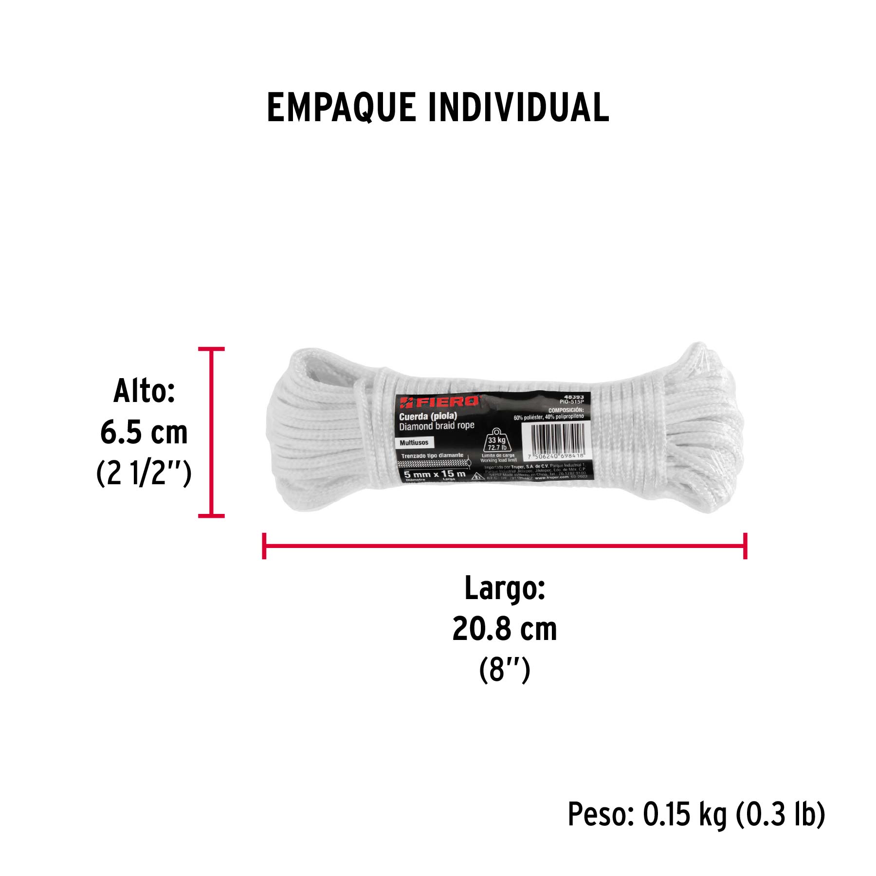 Piola de poliéster diamante de 5mmx15m blanca, madeja, FIERO - Empaque