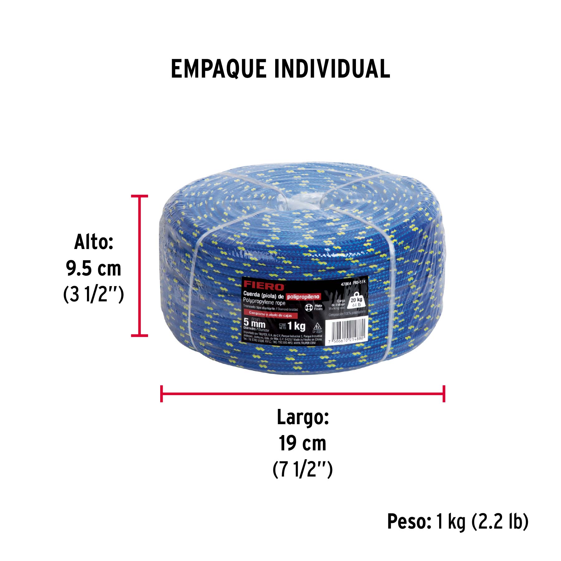 Piola de Polipropileno trenzada, multicolor, 5mm, 1 Kg - Empaque