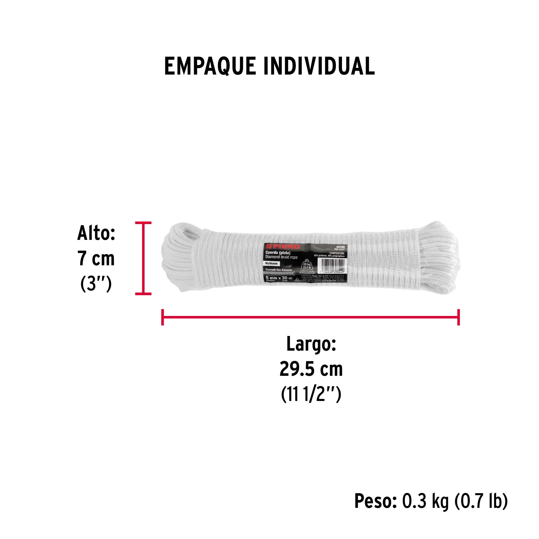 Piola de poliéster diamante de 5mmx30m blanca, madeja, FIERO - Empaque