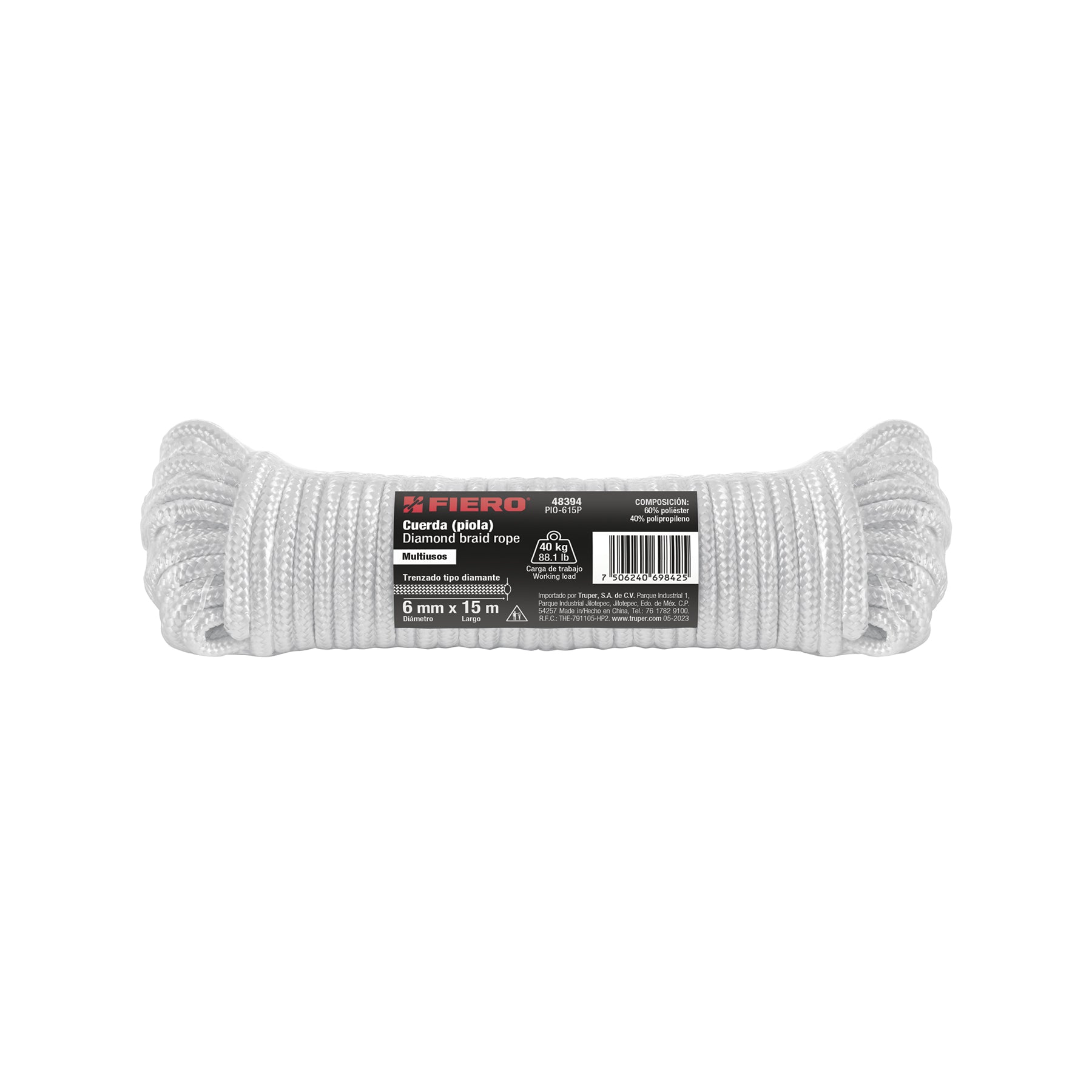 Piola de poliéster diamante de 6mmx15m blanca, madeja, FIERO