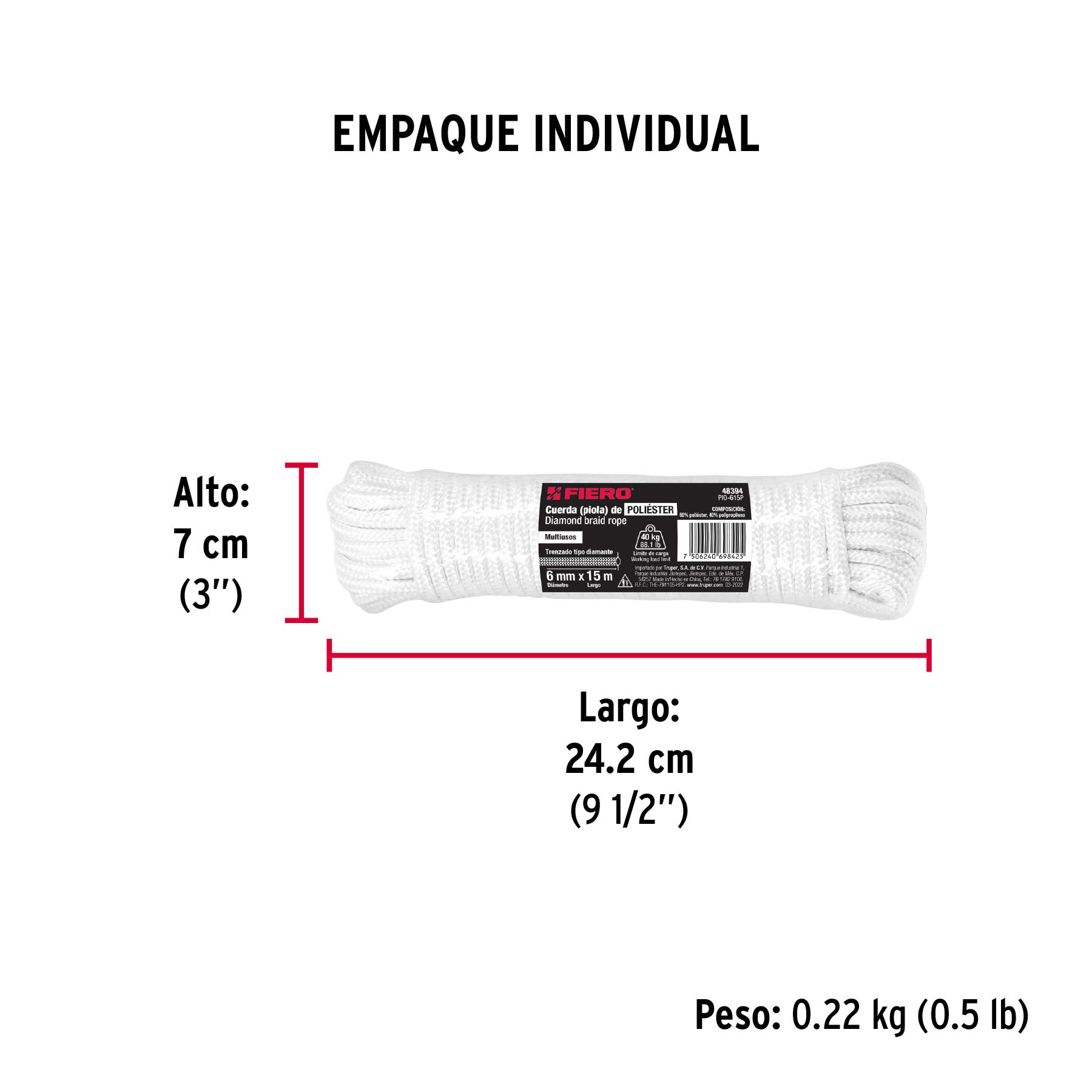 Piola de poliéster diamante de 6mmx15m blanca, madeja, FIERO - Empaque