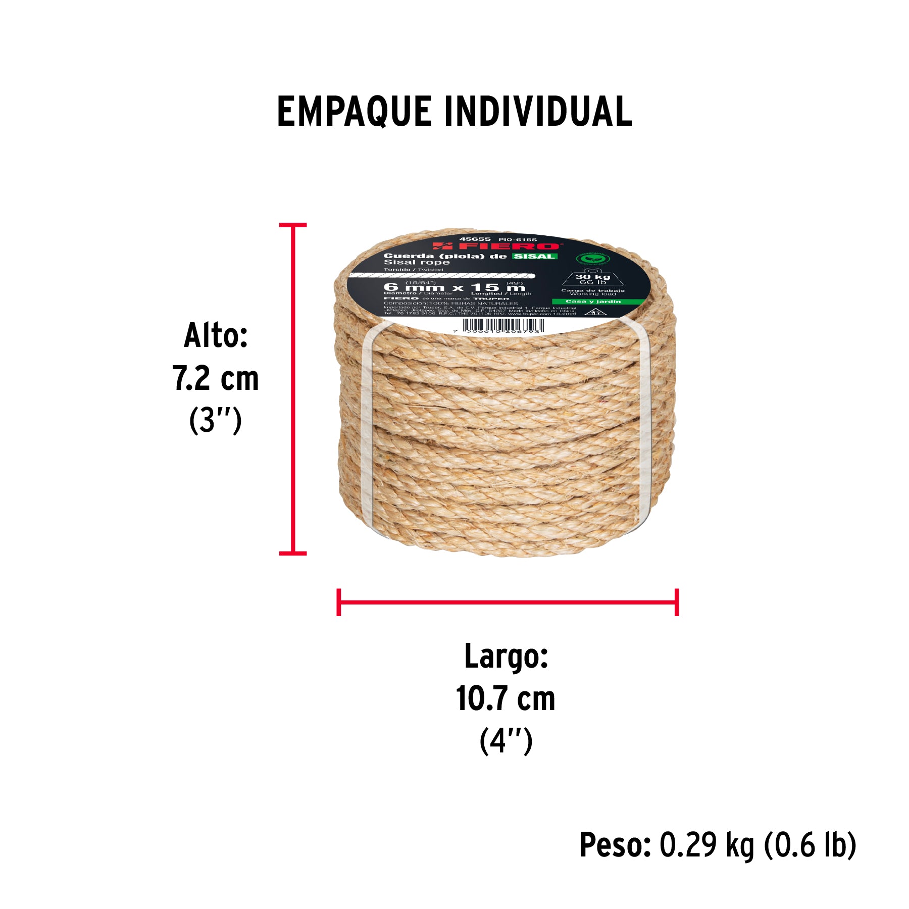 Piola de Sisal (henequén) de 6 mm x 15 m natural, FIERO - Empaque