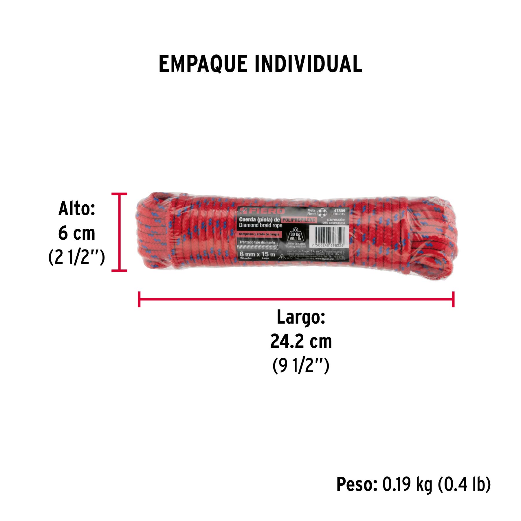 Piola de polipropileno trenzada de 6mm x 15m en madeja - Empaque