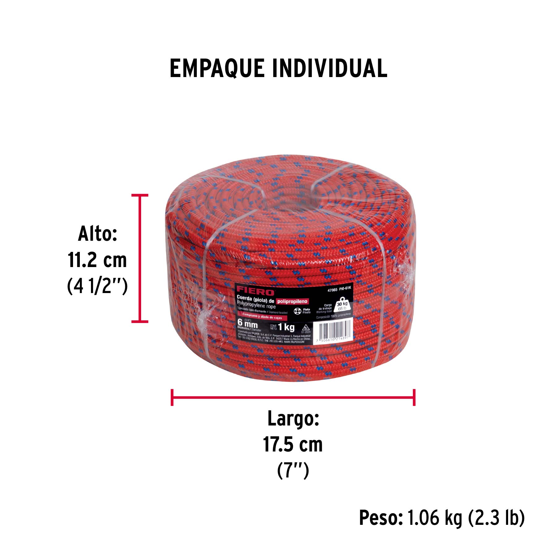 Piola de Polipropileno trenzada, multicolor, 6mm, 1 Kg - Empaque