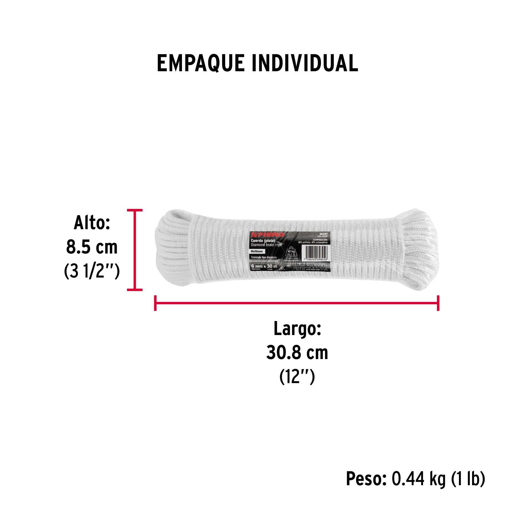 Piola de poliéster diamante de 6mmx30m blanca, madeja, FIERO - Empaque