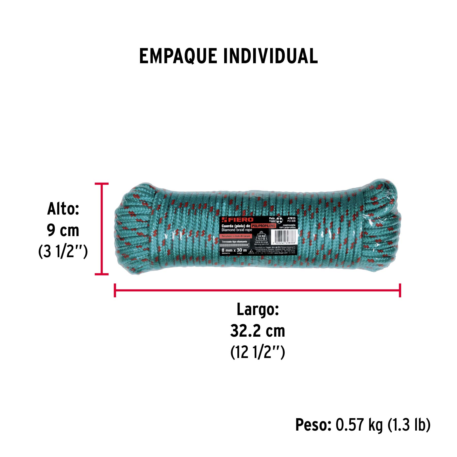 Piola de polipropileno trenzada de 8mm x 30m en madeja - Empaque