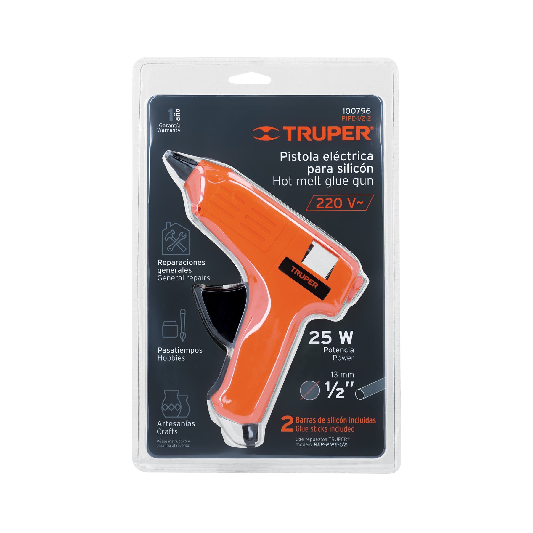 Pistola eléctrica de 25W para silicón de 1/2", 220V, TRUPER