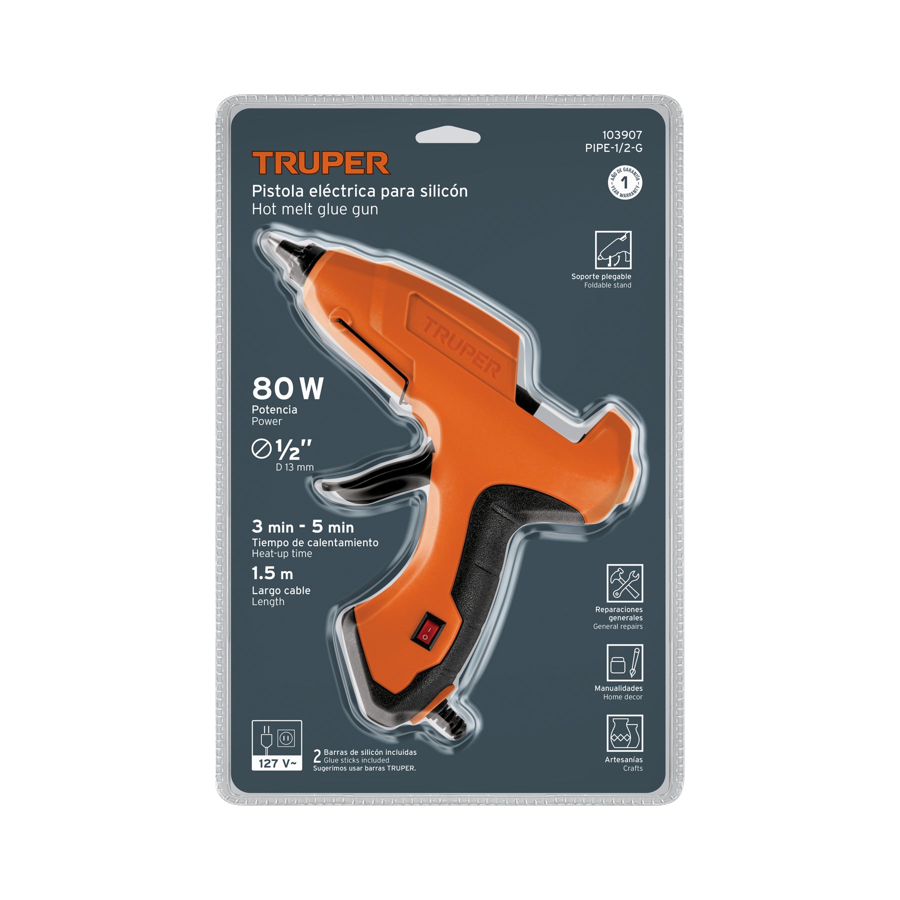Pistola eléctrica de 80W para silicón de 1/2", 127V, TRUPER