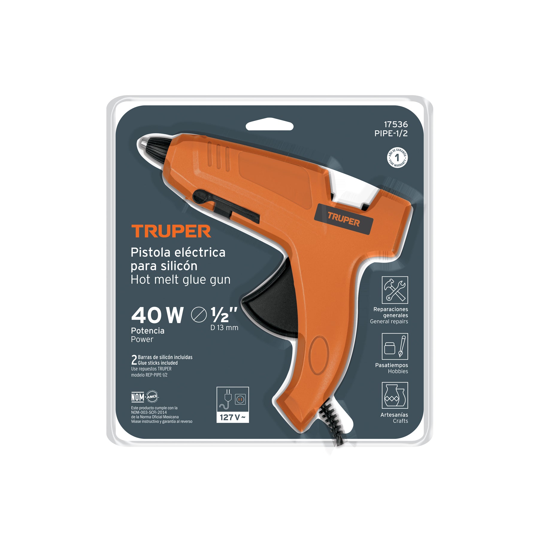 Pistola eléctrica de 40W para silicón de 1/2", 127V, TRUPER