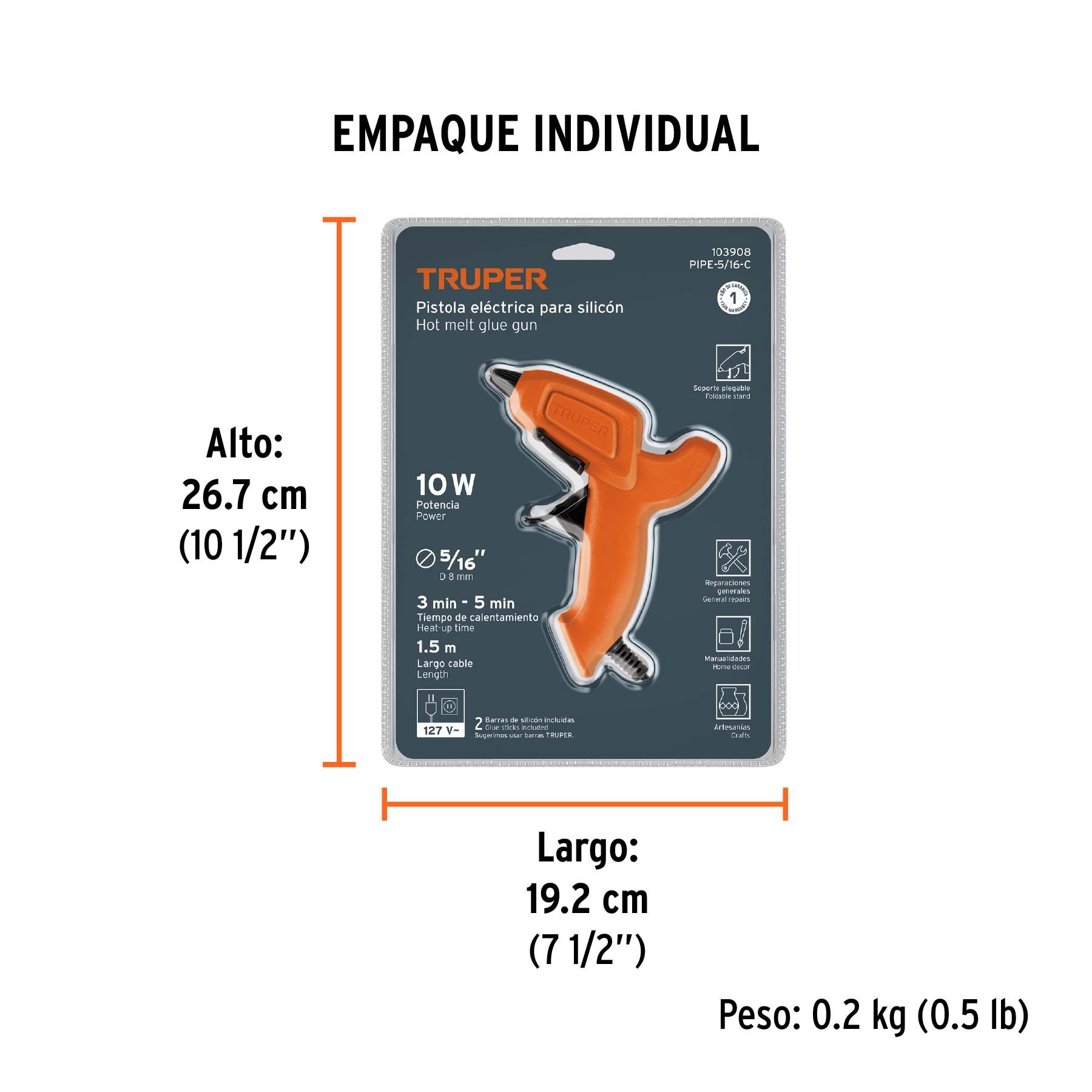 Pistola eléctrica de 10W para silicón de 5/16", 127V, TRUPER - Empaque