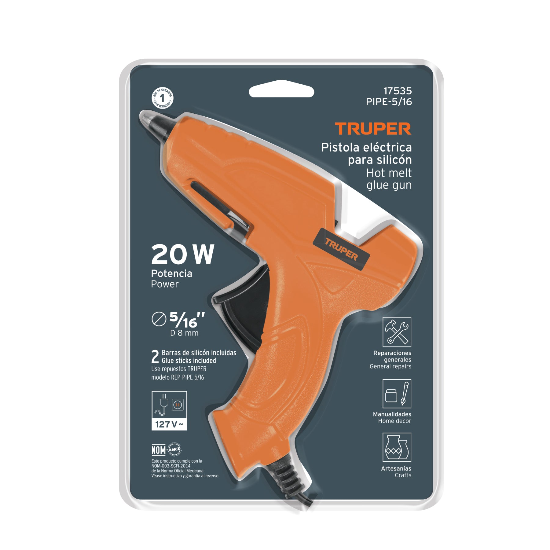 Pistola eléctrica de 20W para silicón de 5/16", 127V, TRUPER