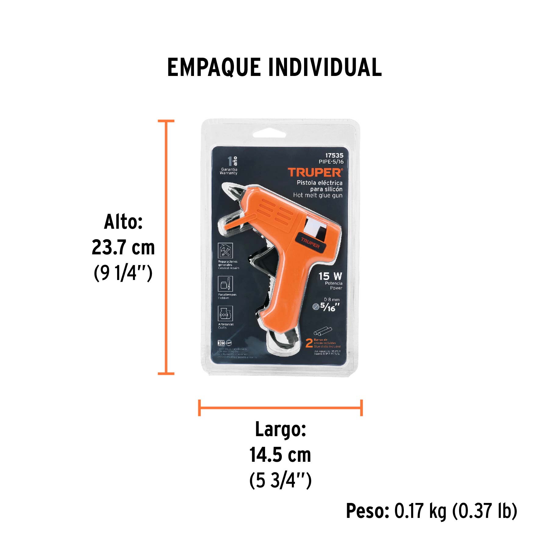 Pistola eléctrica de 20W para silicón de 5/16", 127V, TRUPER - Empaque