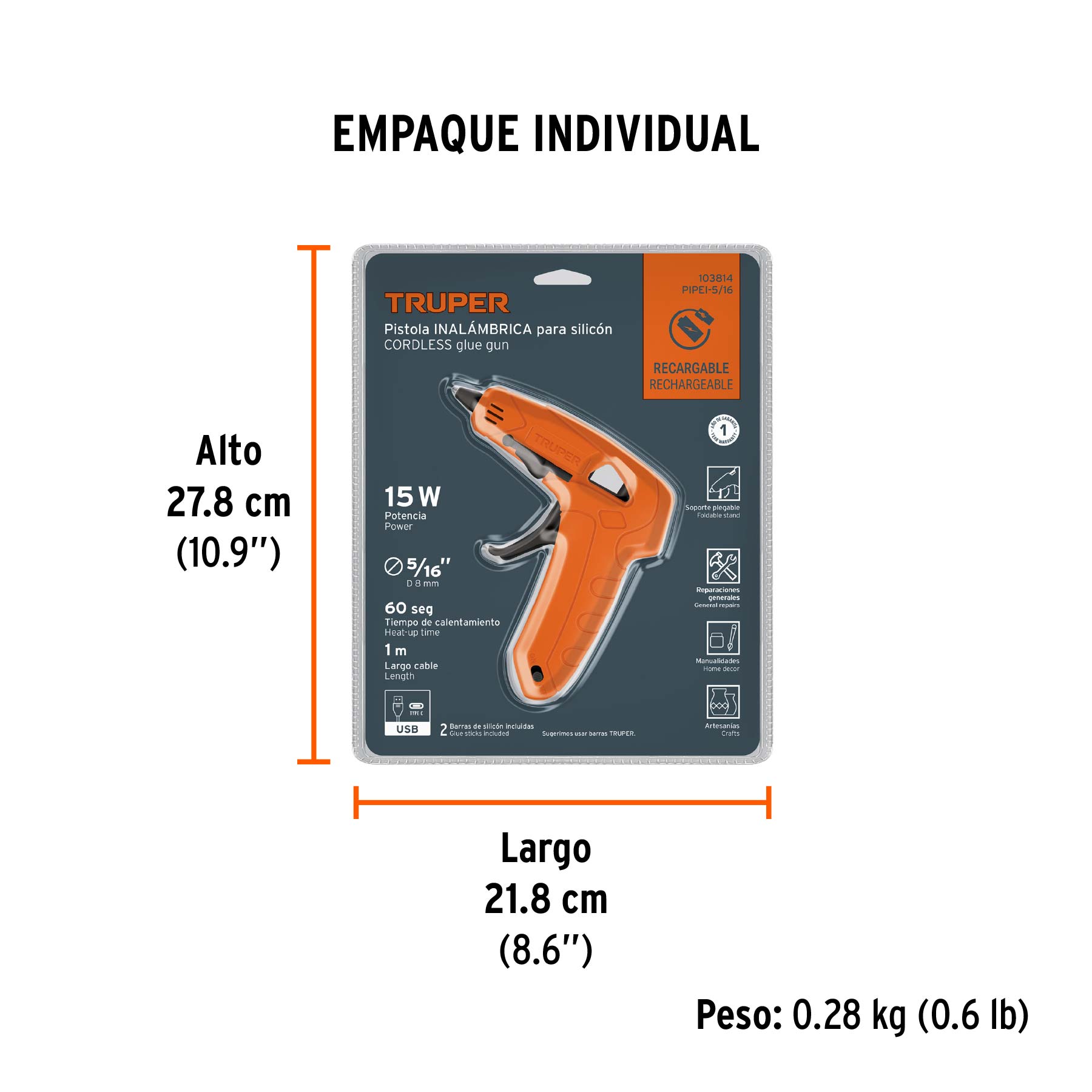 Pistola inalámbrica de 3.7V para silicón de 5/16", TRUPER - Empaque