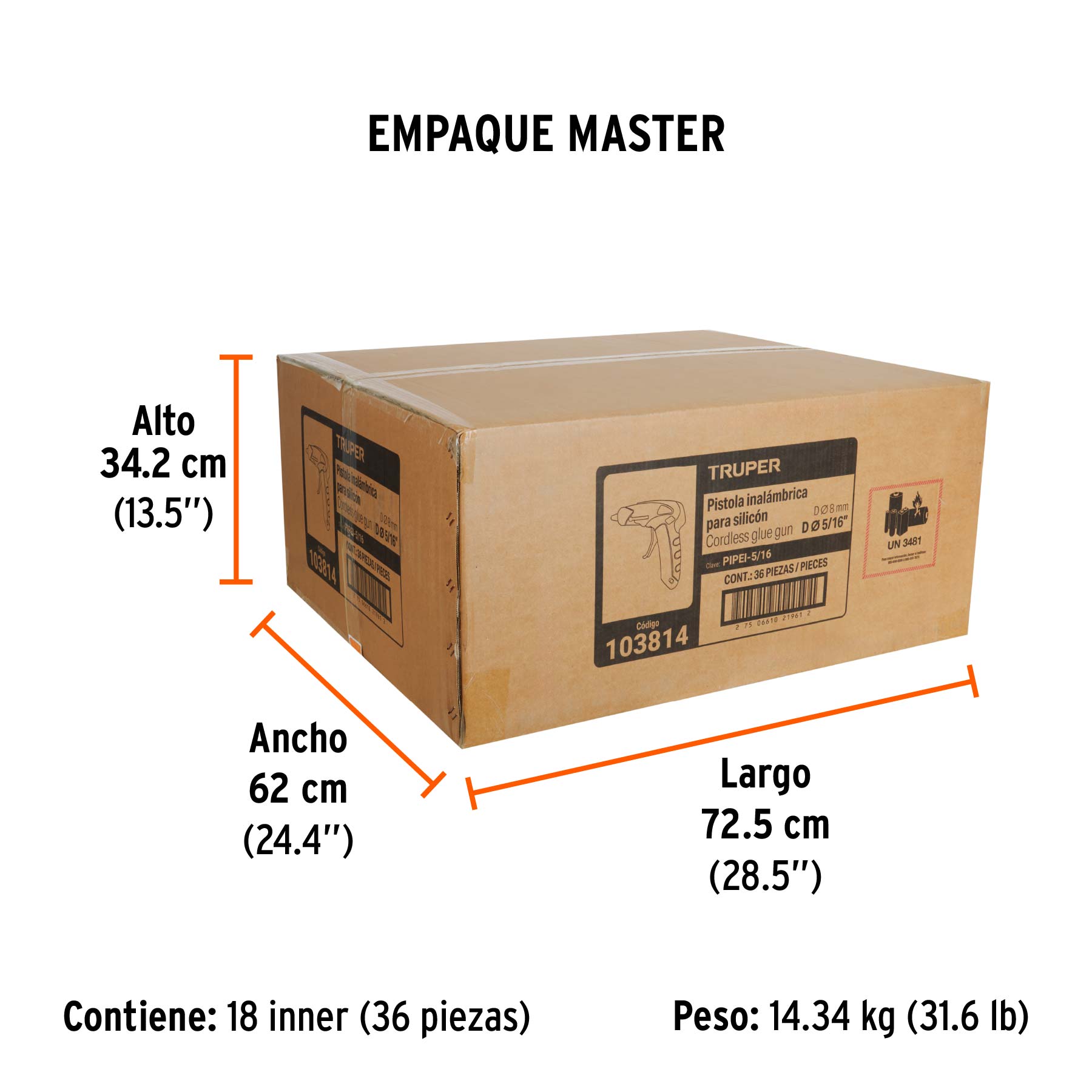 Pistola inalámbrica de 3.7V para silicón de 5/16", TRUPER - Empaque