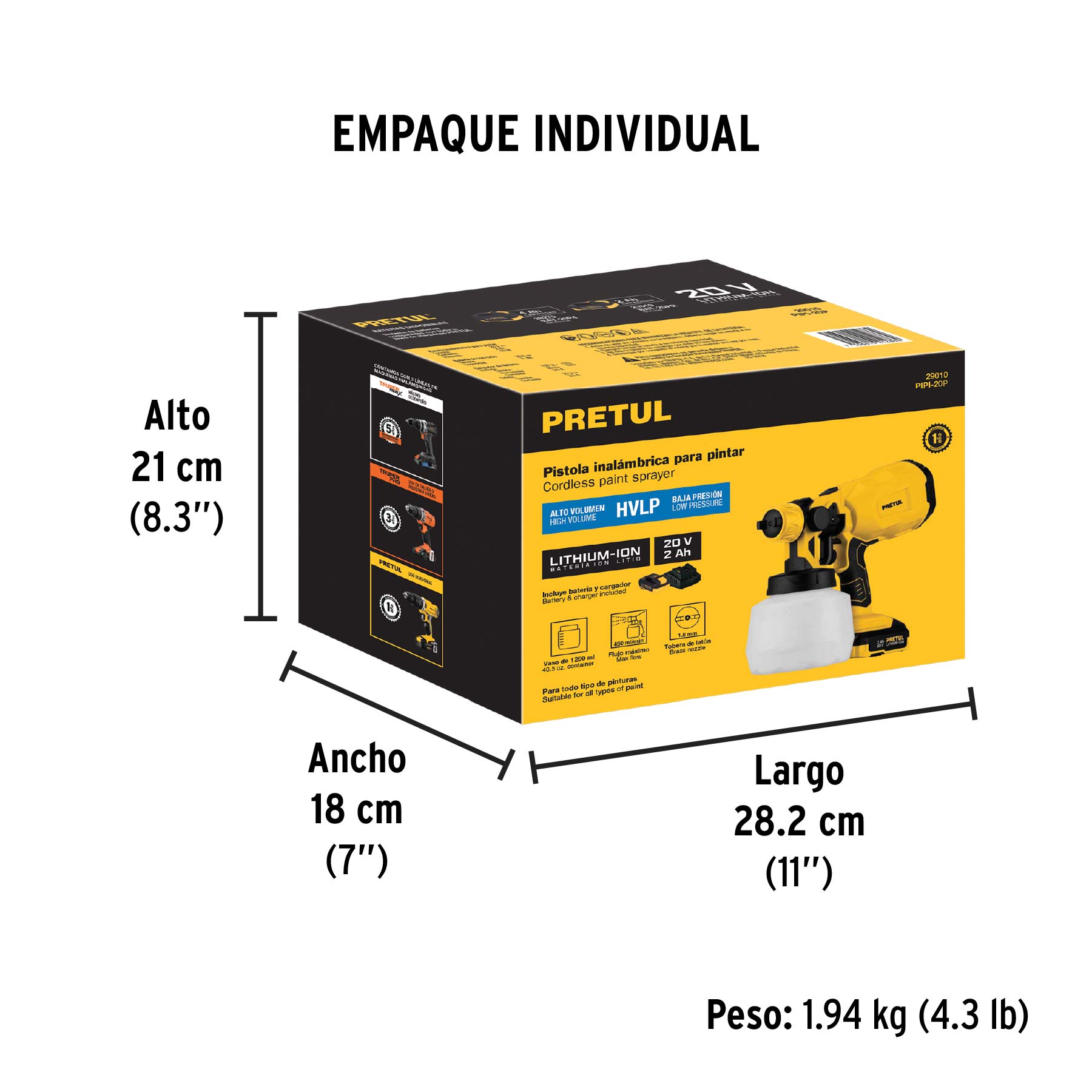 Pistola para pintar, 20V, 1 batería 2Ah, PRETUL - Empaque