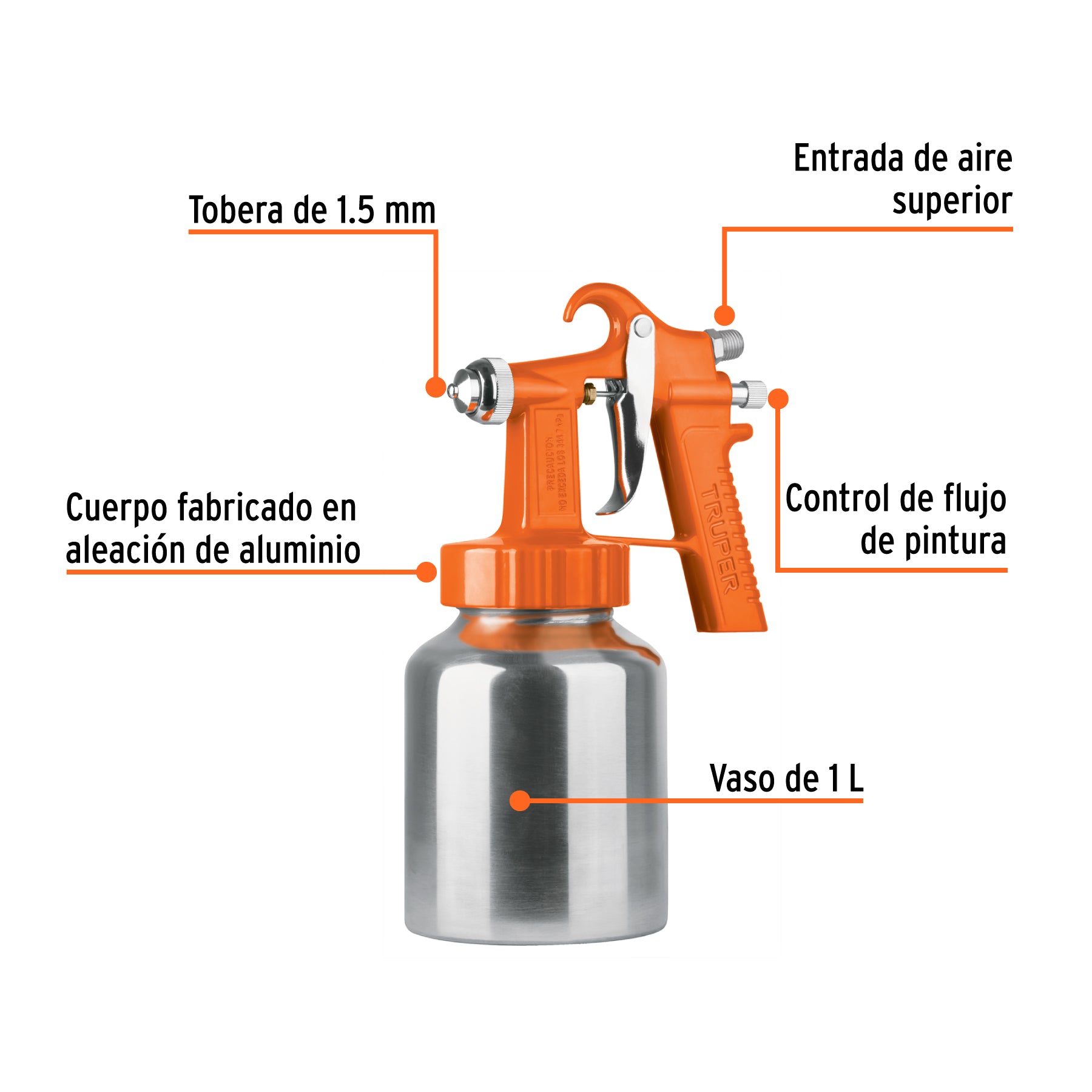 Pistola p/pintar baja presión, 1.5 mm, naranja, entrada sup