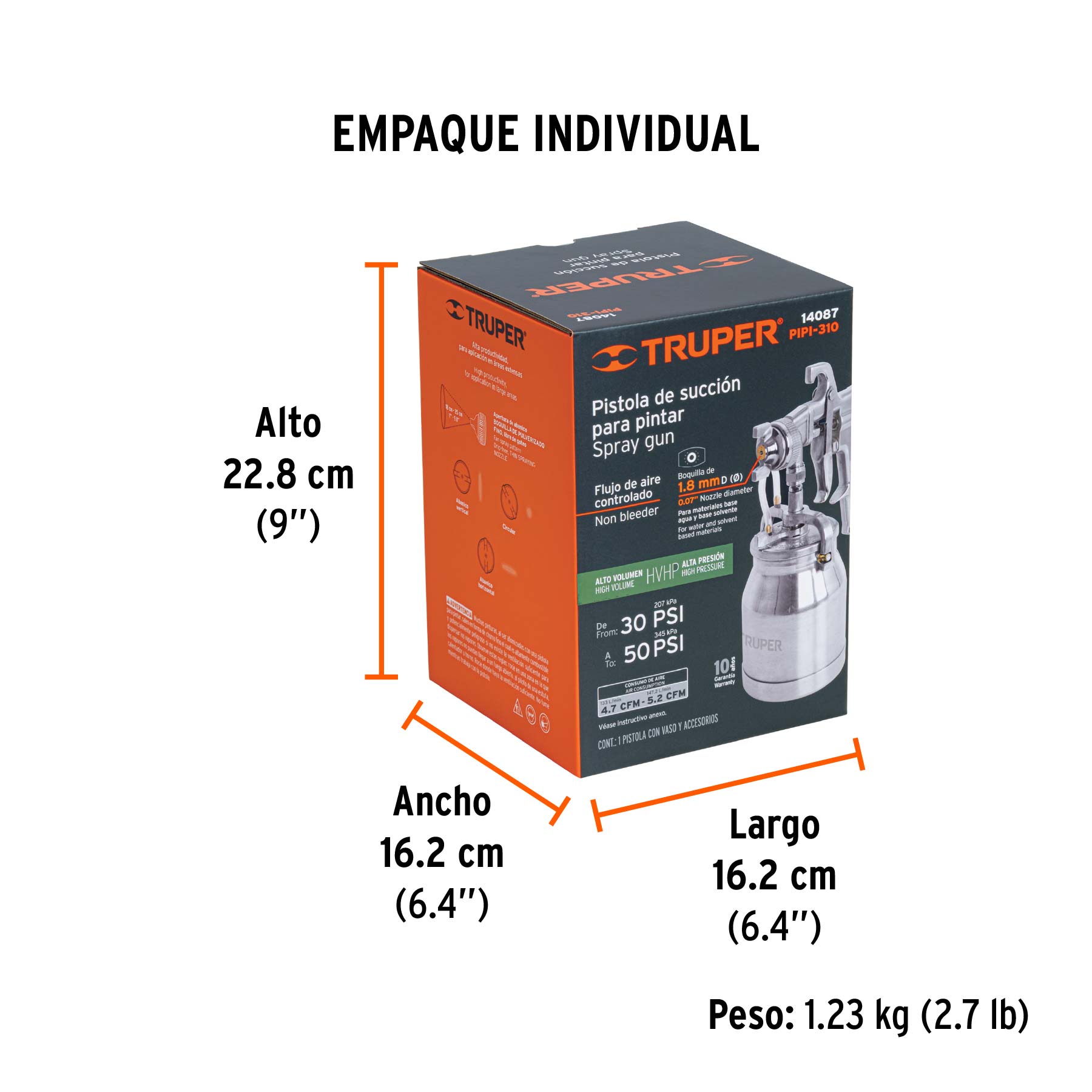 Pistola p/pintar succión HVHP vaso alum, 1.8mm, 2 vál TRUPER - Empaque