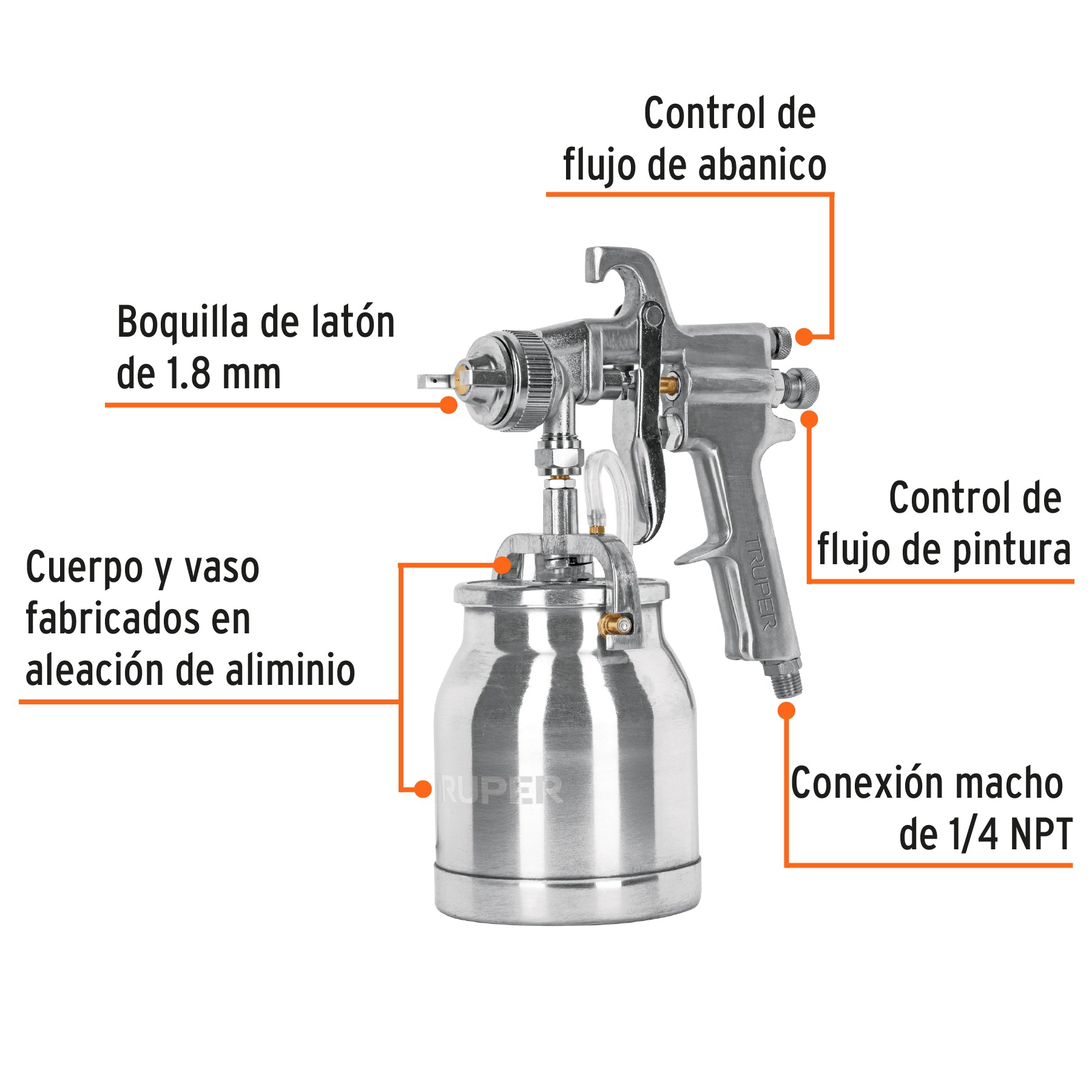 Pistola p/pintar succión HVHP vaso alum, 1.8mm, 2 vál TRUPER